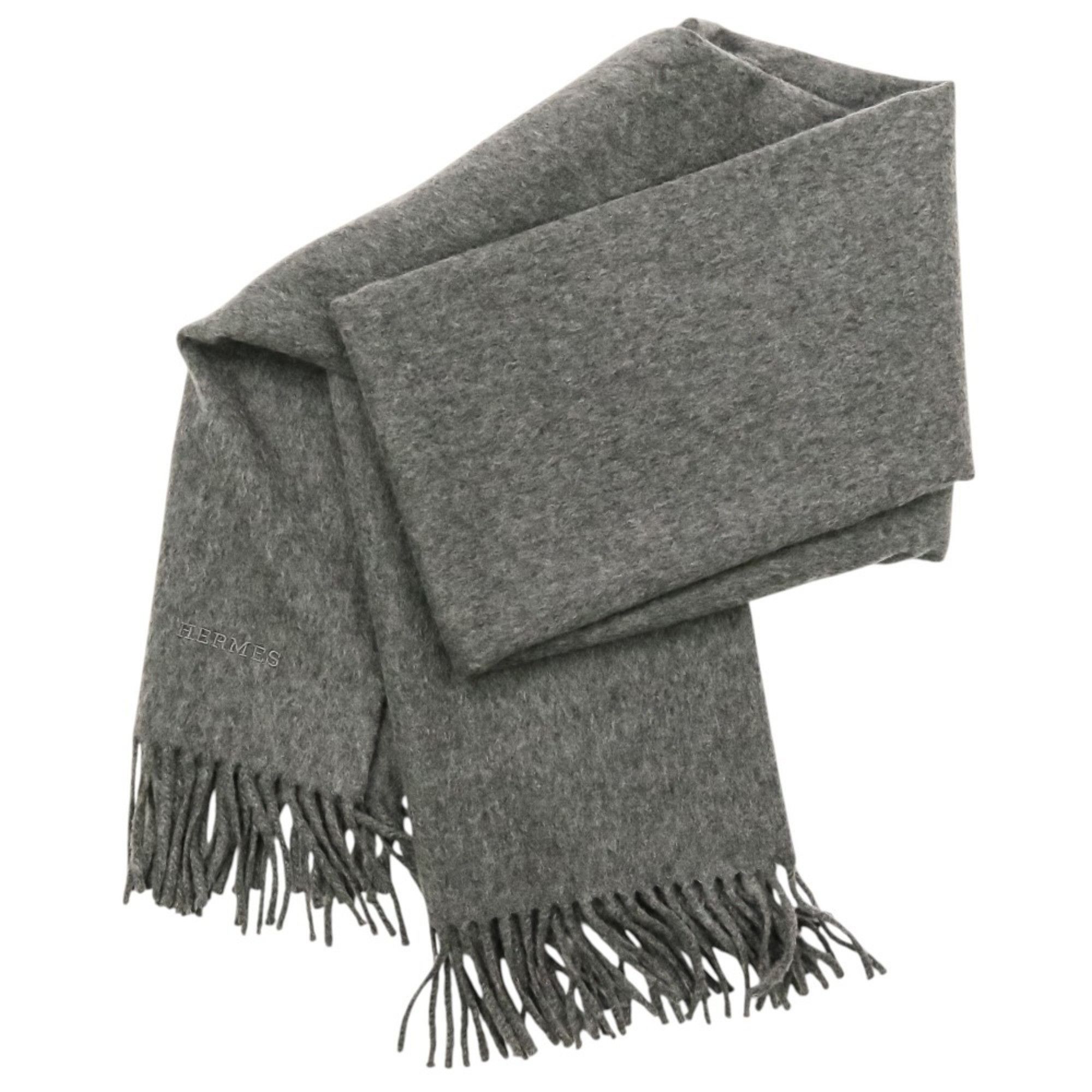 Hermes Hermes 100% Cashmere Fringe Large Stole/Scarf, Gray, Women's Size ONE SIZE - 4 Thumbnail
