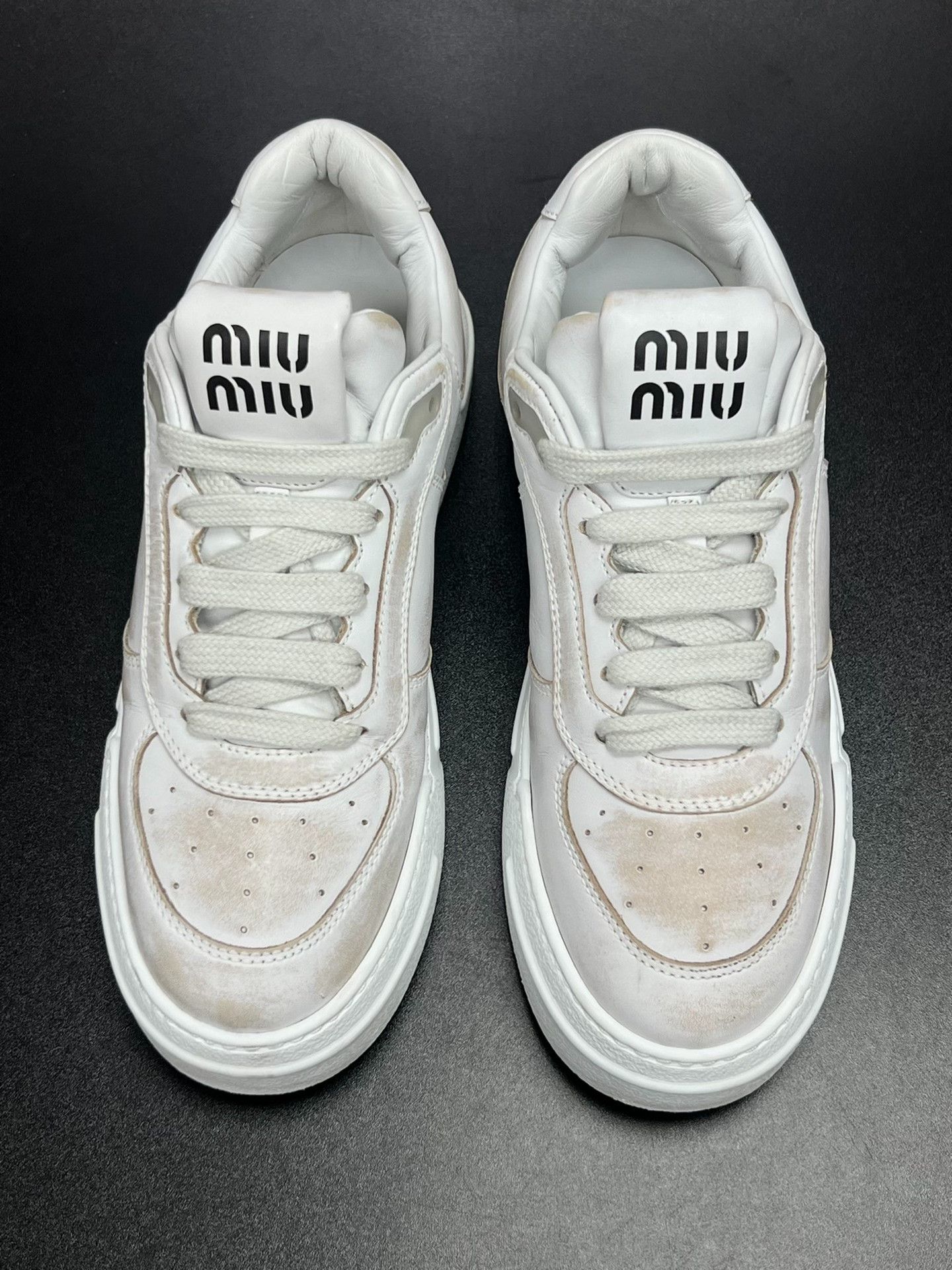 Miu Miu Miu Miu Distressed White Lowtop Sneakers us_7-5 Women Size US 7.5 / IT 37.5 - 3 Thumbnail