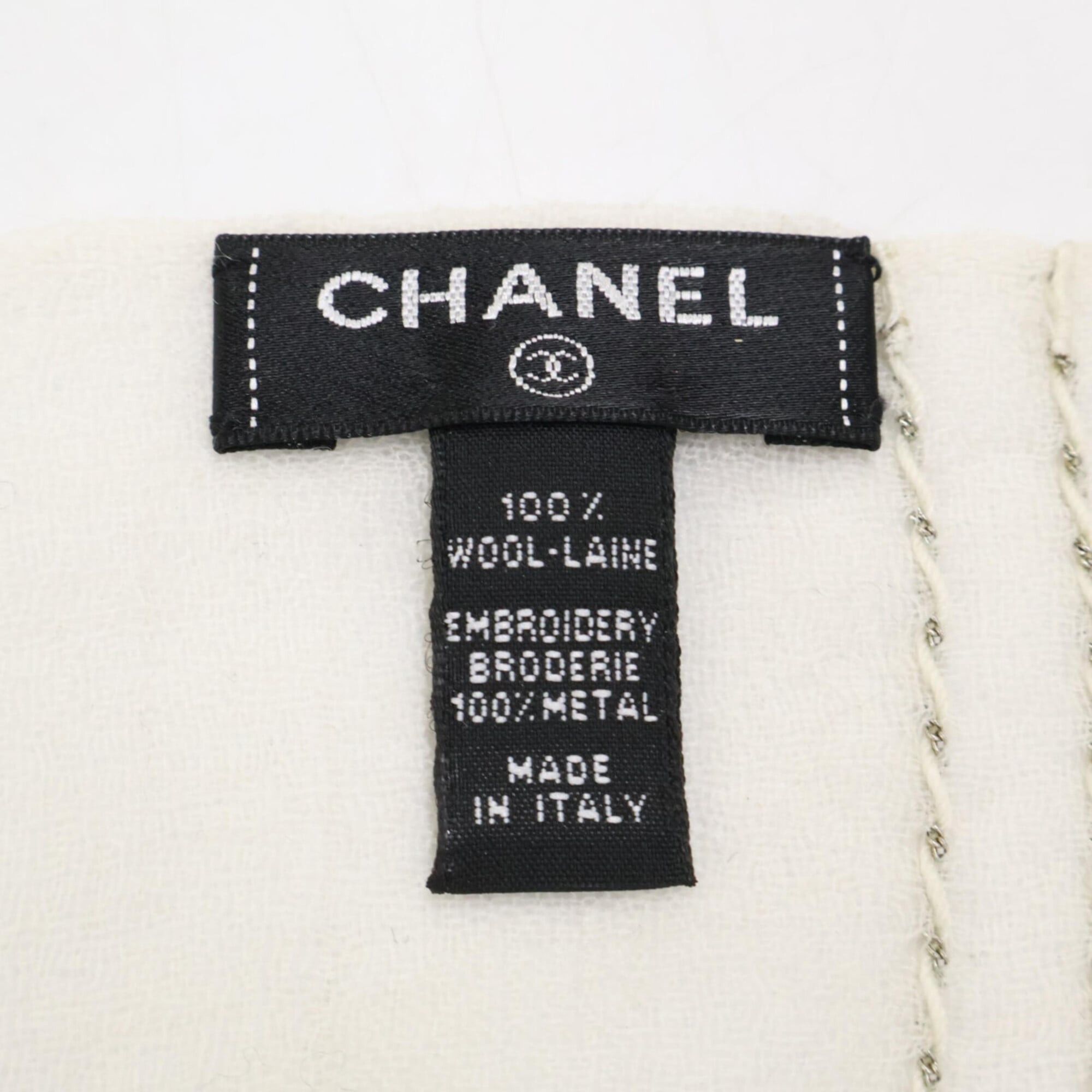 Chanel CHANEL Coco Mark Chain Embroidered Wool Stole, Ivory & Silver, Women's Size ONE SIZE - 3 Thumbnail