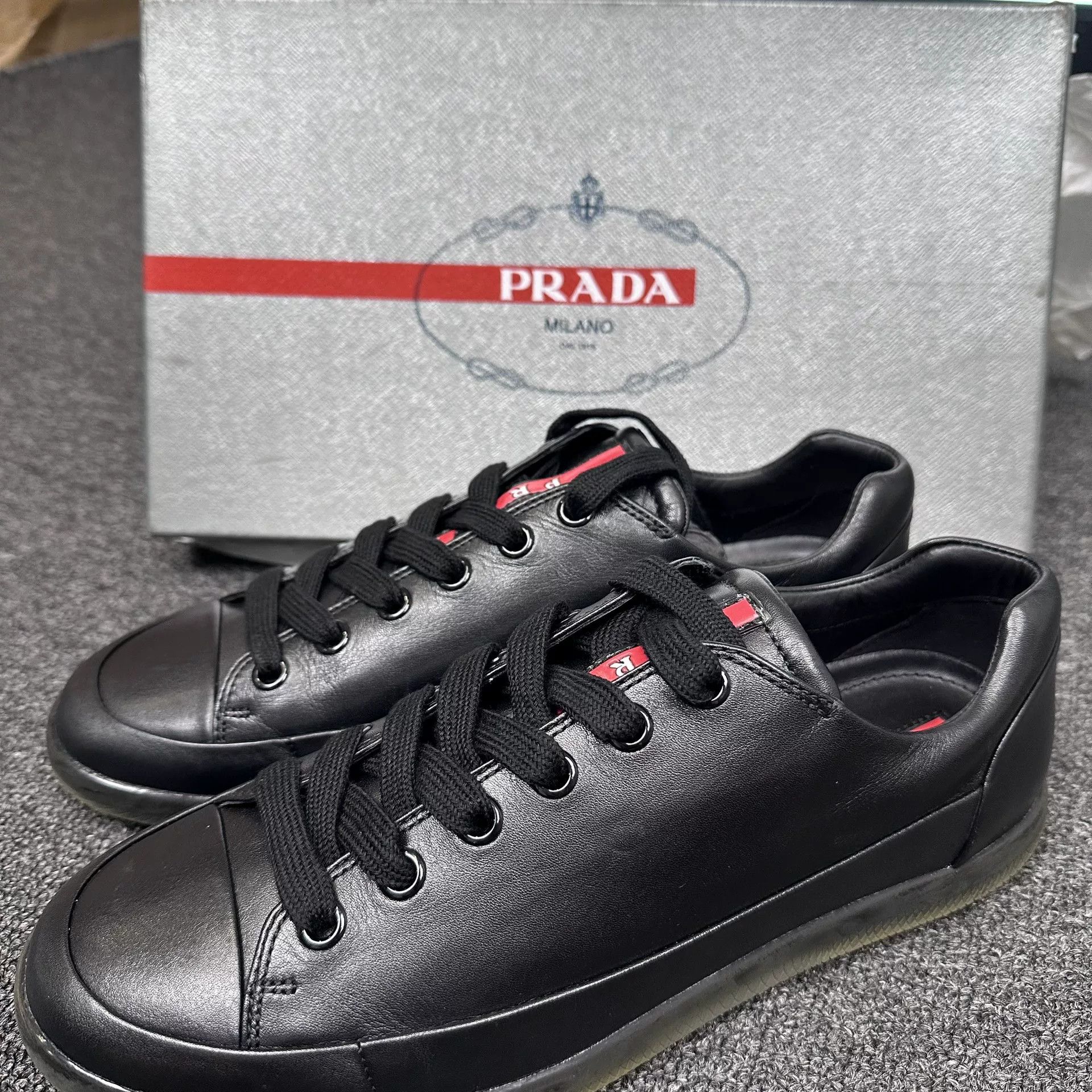 Prada Prada Black Leather Low-Top Sneakers 7 Size US 8 / EU 41 - 3 Thumbnail