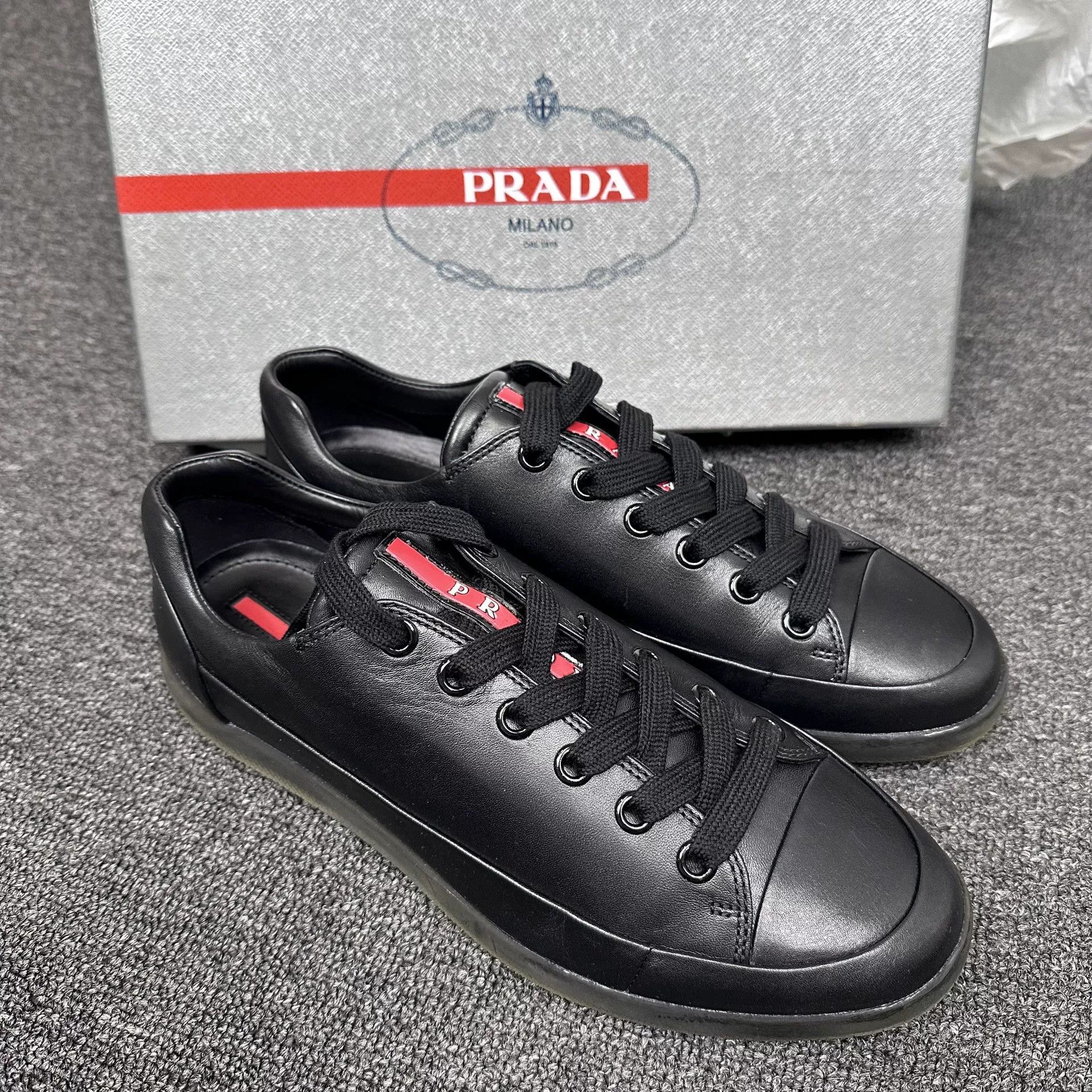 Prada Prada Black Leather Low-Top Sneakers 7 Size US 8 / EU 41 - 2 Thumbnail