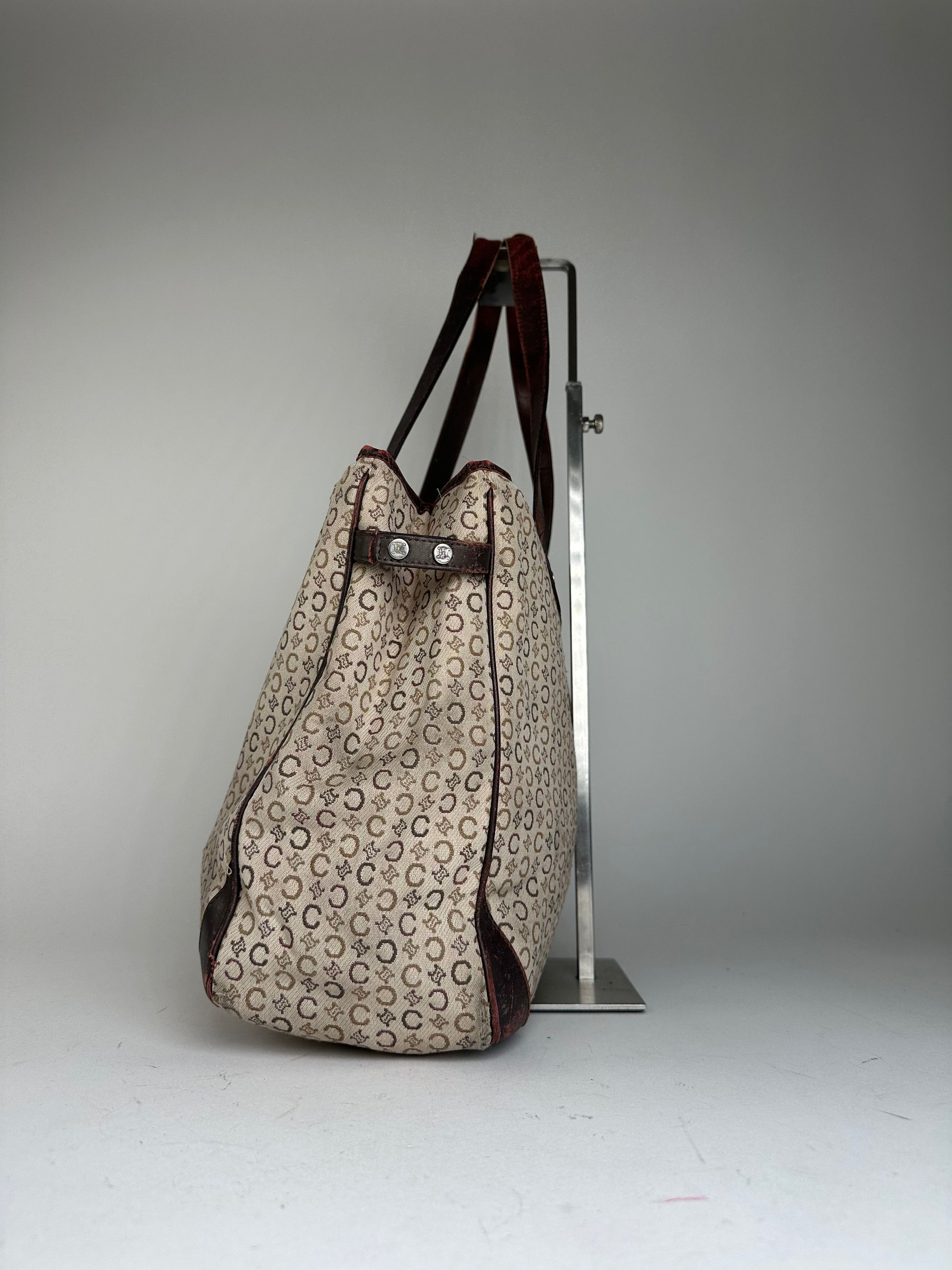Celine Vintage Macadam C Monogram Coated Canvas Tote Beige Burgundy Size ONE SIZE - 4 Thumbnail