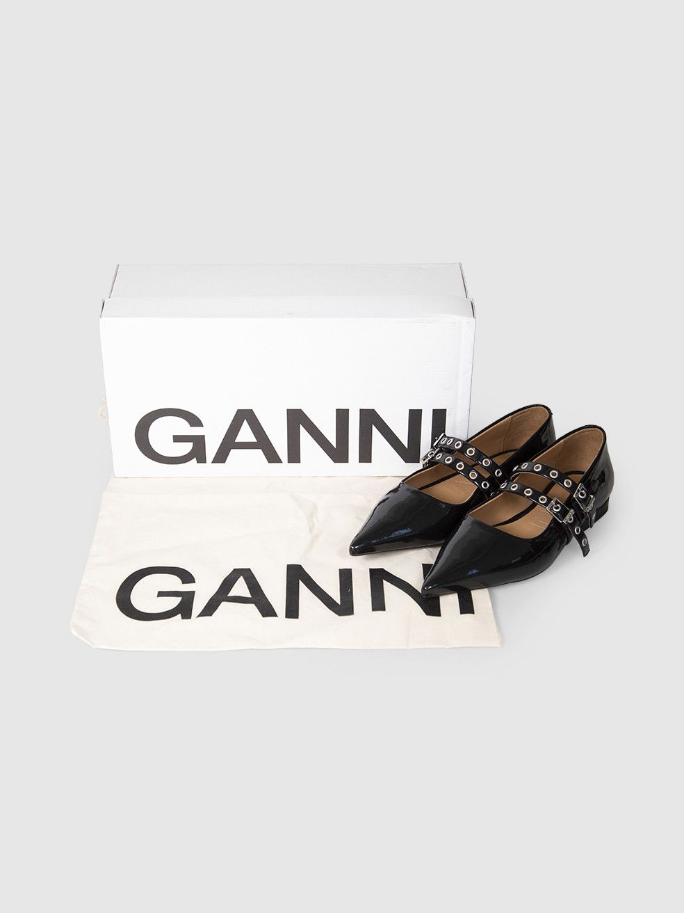 Ganni Black Vegan Patent Leather Pointed Flats Size US 5 / IT 35 - 3 Thumbnail