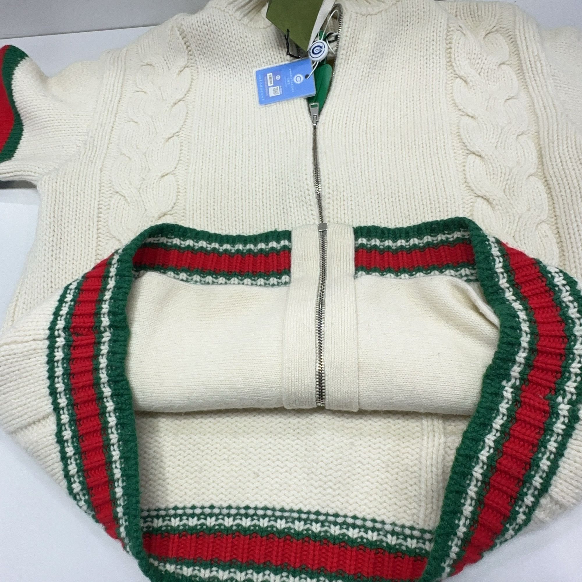 Gucci Gucci Cable Knit Web Stripe Zip Cardigan Size M Size US M / EU 48-50 / 2 - 10 Thumbnail