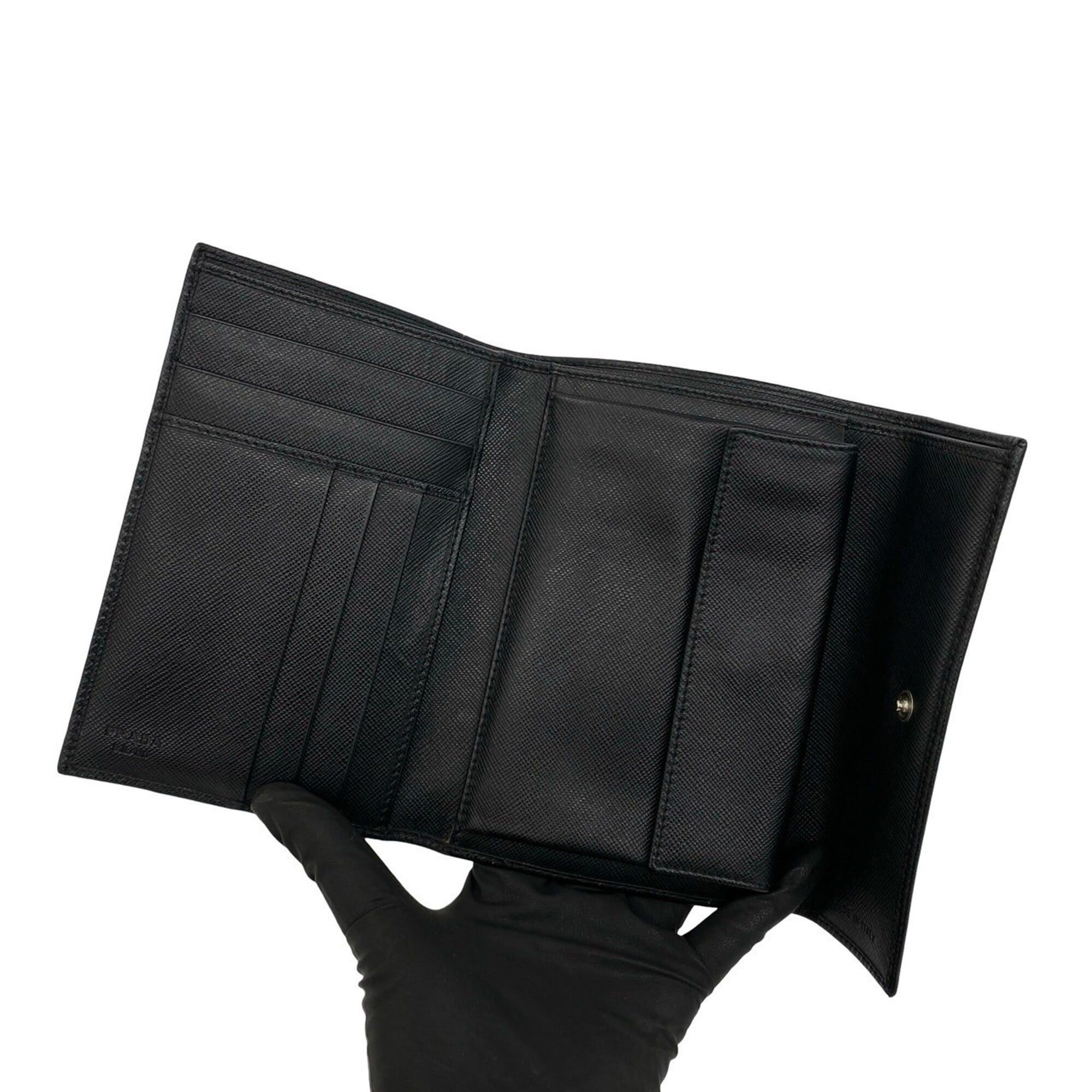 Prada PRADA Tri-fold Wallet with Triangle Logo Hardware, Saffiano Leather, Genuine Billfold, Coin Purse, Black, 40548 Size ONE SIZE - 7 Thumbnail