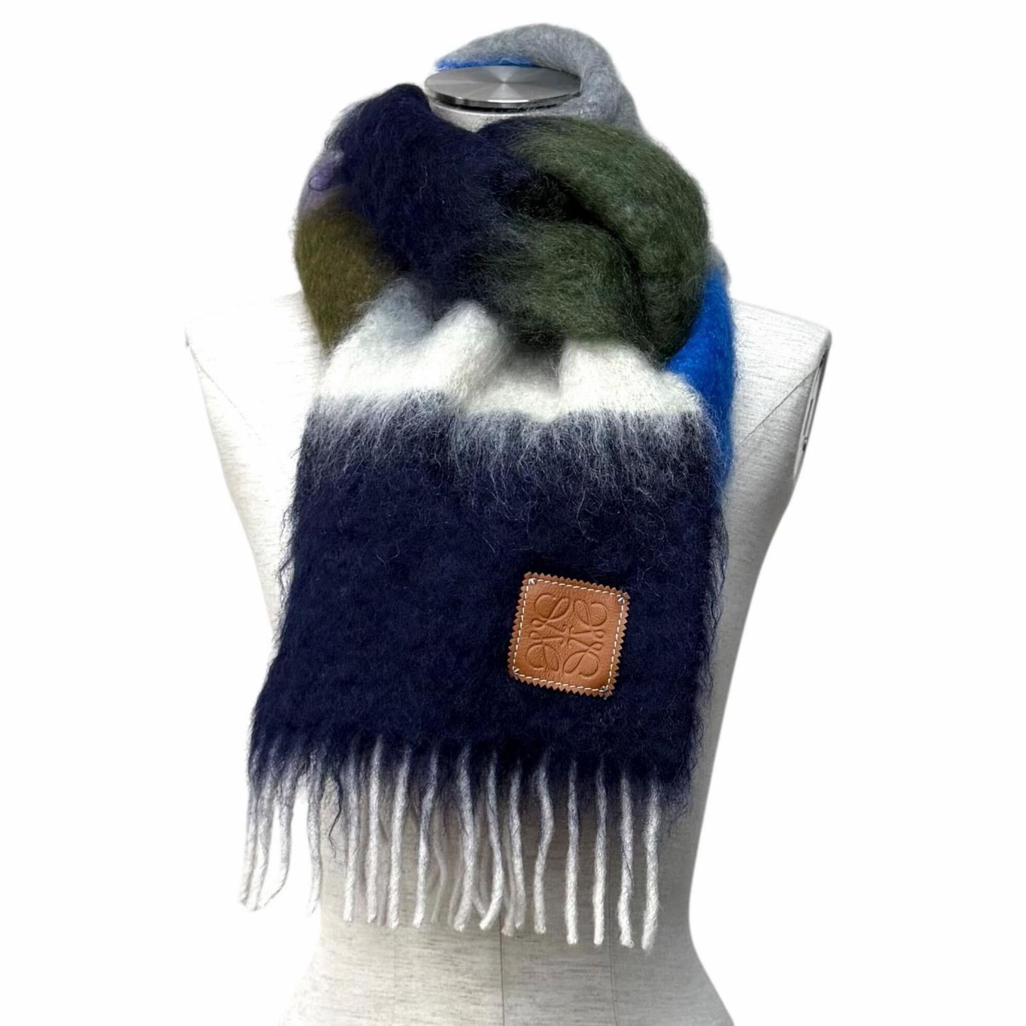 Loewe LOEWE 28003861 Mohair Wool Blend Leather Anagram Logo Patch Border Pattern Fringe Scarf Multi-color Made in Spain Authentic Women's Size ONE SIZE - 3 Thumbnail