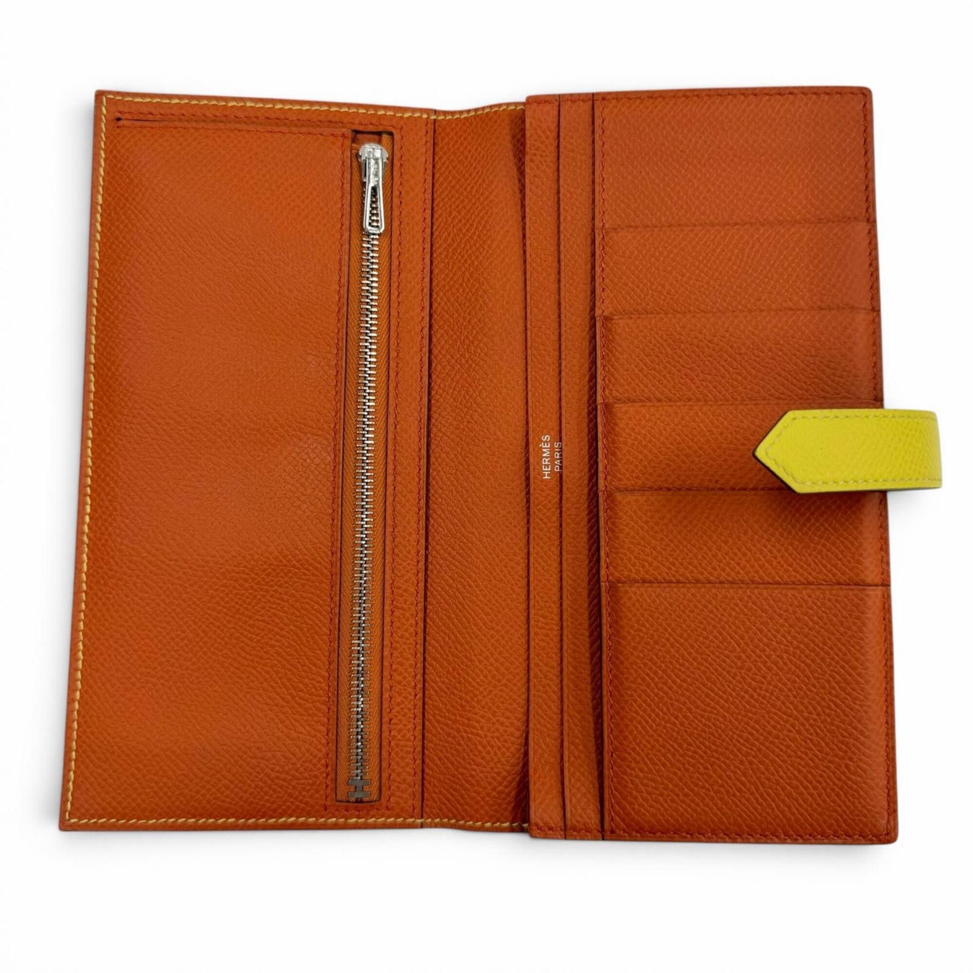 Hermes HERMES Bearn Soufflé Verso Veau Epsom Lime Terre Batue Bicolor Long Wallet with Silver Hardware, Z Stamp (2021), Made in France, Women's Size ONE SIZE - 6 Thumbnail