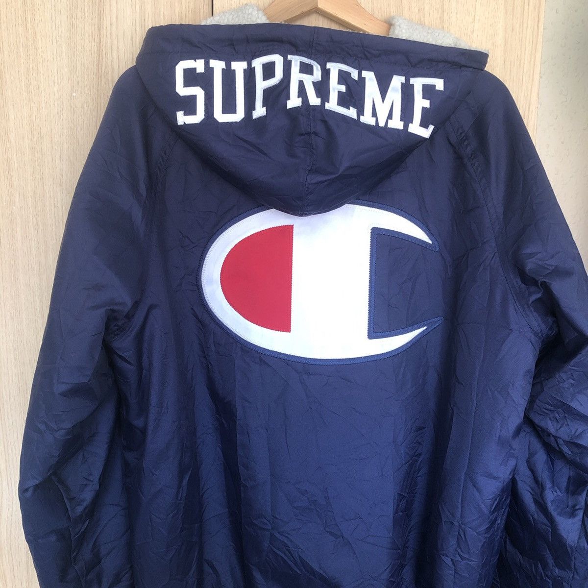 Supreme Champion Sherpa Lined Hooded Jacket In Navy Size M Sweatshirts Hoodies