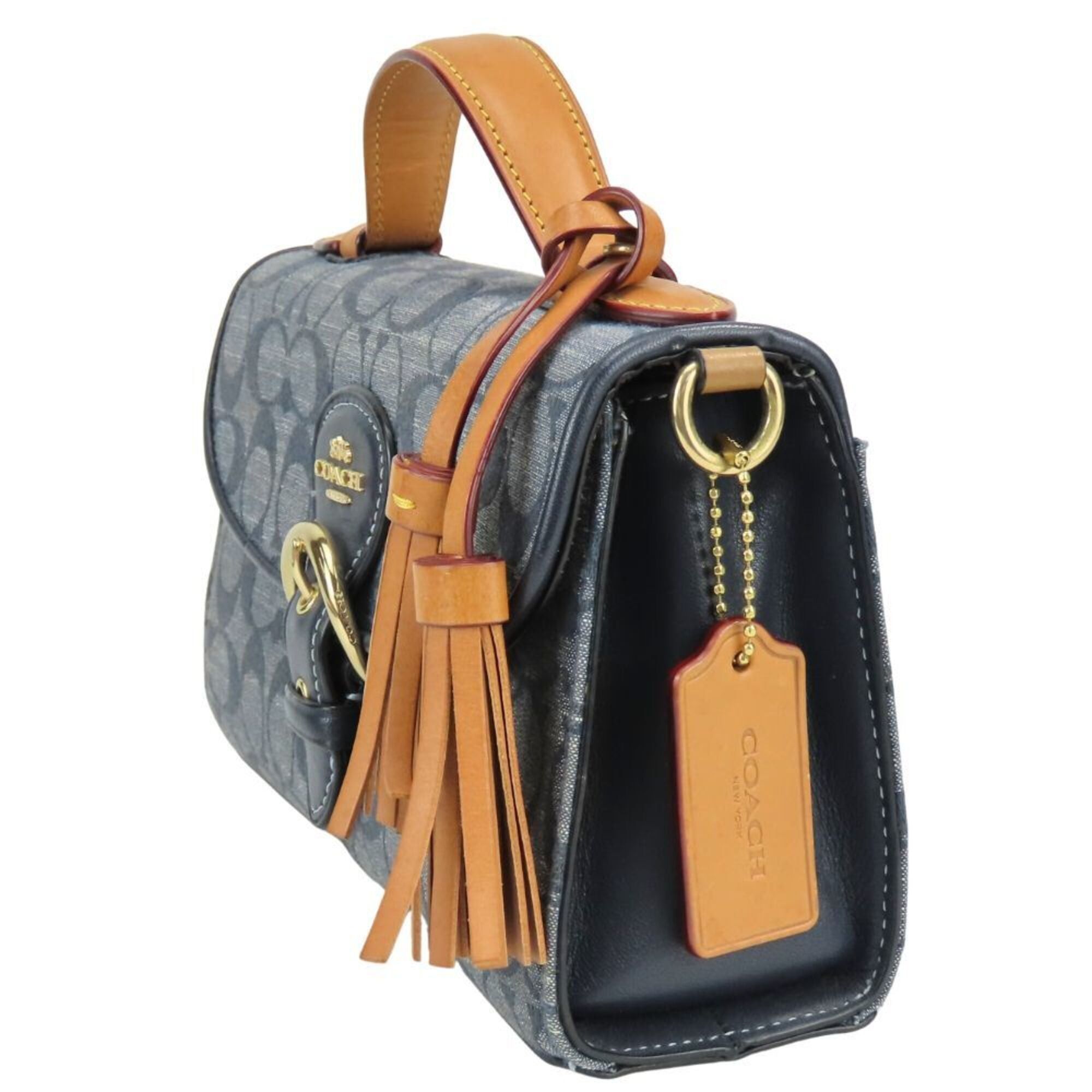 Coach Coach Signature Handbag C8513 Fringe Canvas Leather Navy Brown 2-Way Shoulder Bag for Women COACH Size ONE SIZE - 3 Thumbnail