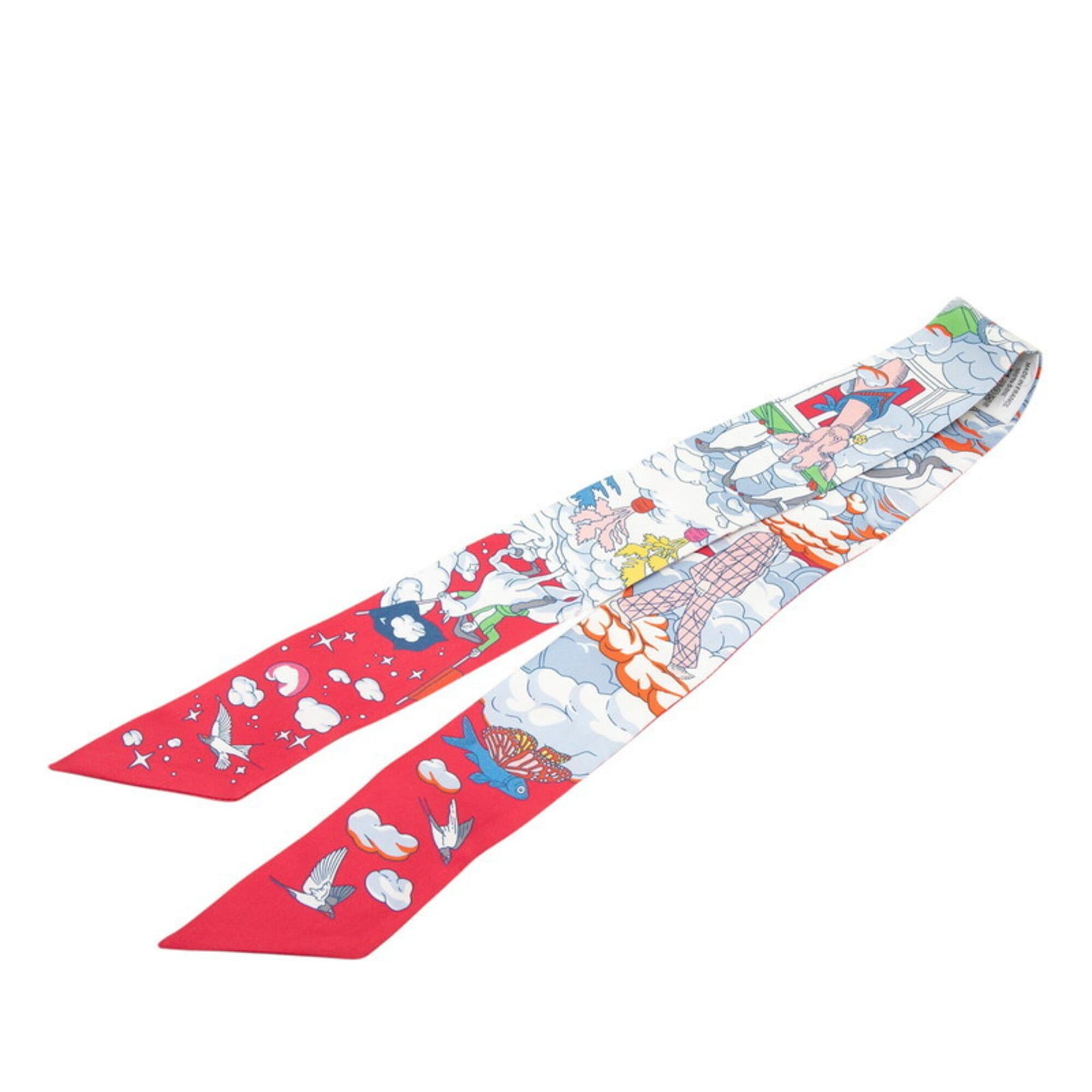 Hermes Hermes Twilly Sur Mon Nuage My Cloud Scarf Muffler Red and White Silk Women's HERMES Size ONE SIZE - 2 Thumbnail