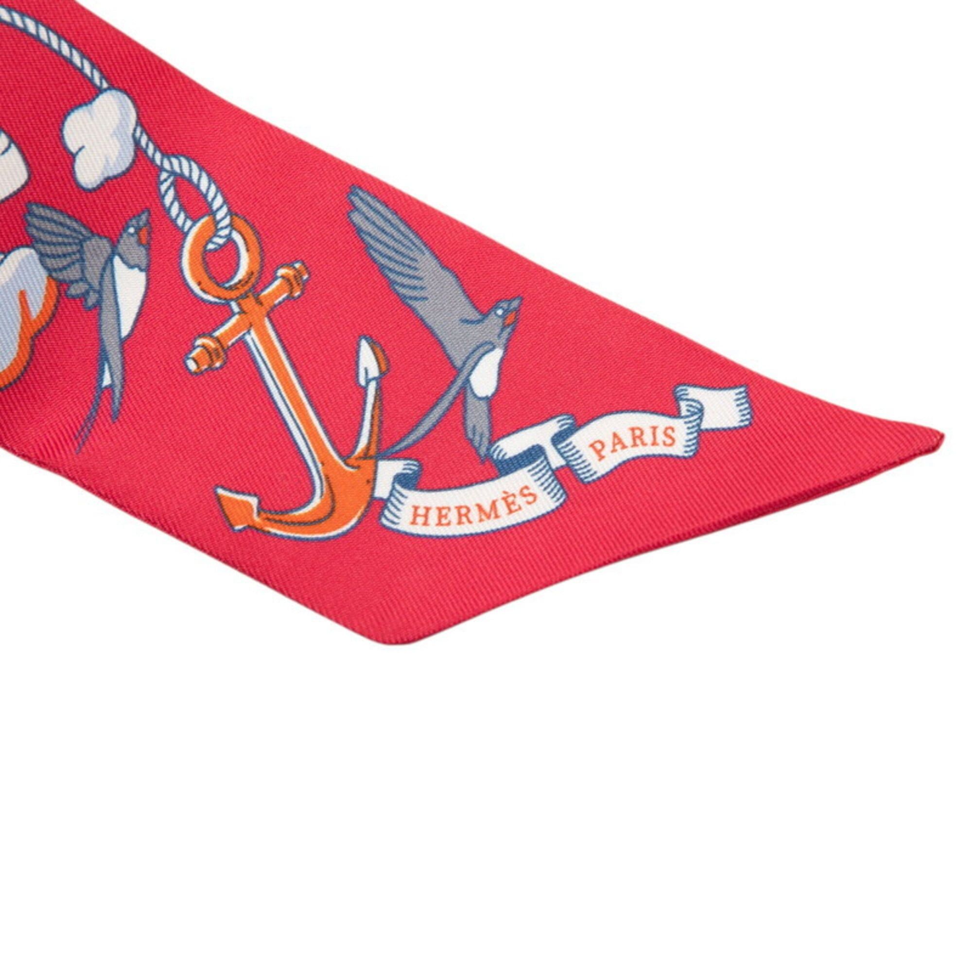 Hermes Hermes Twilly Sur Mon Nuage My Cloud Scarf Muffler Red and White Silk Women's HERMES Size ONE SIZE - 3 Thumbnail