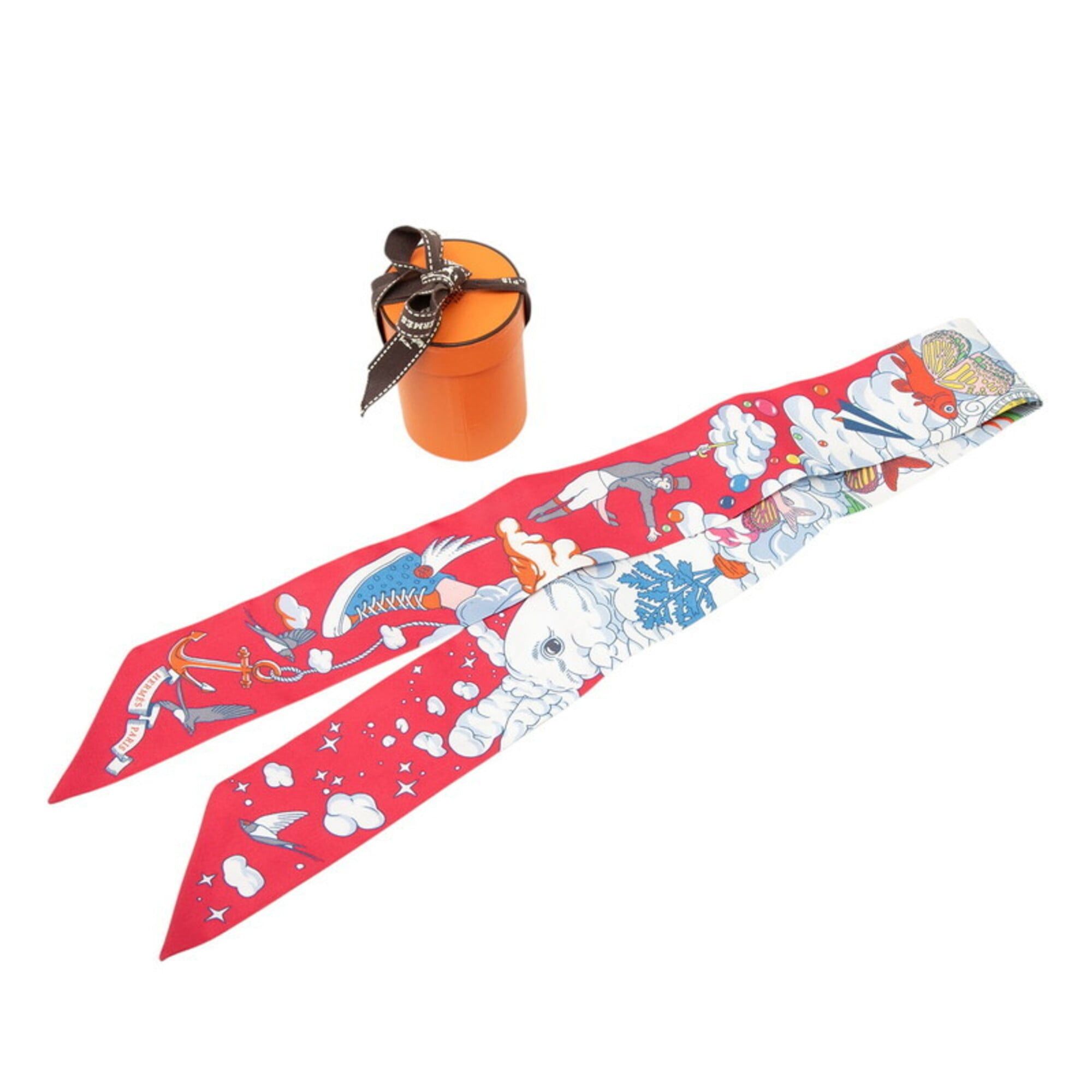 Hermes Hermes Twilly Sur Mon Nuage My Cloud Scarf Muffler Red and White Silk Women's HERMES Size ONE SIZE - 6 Thumbnail