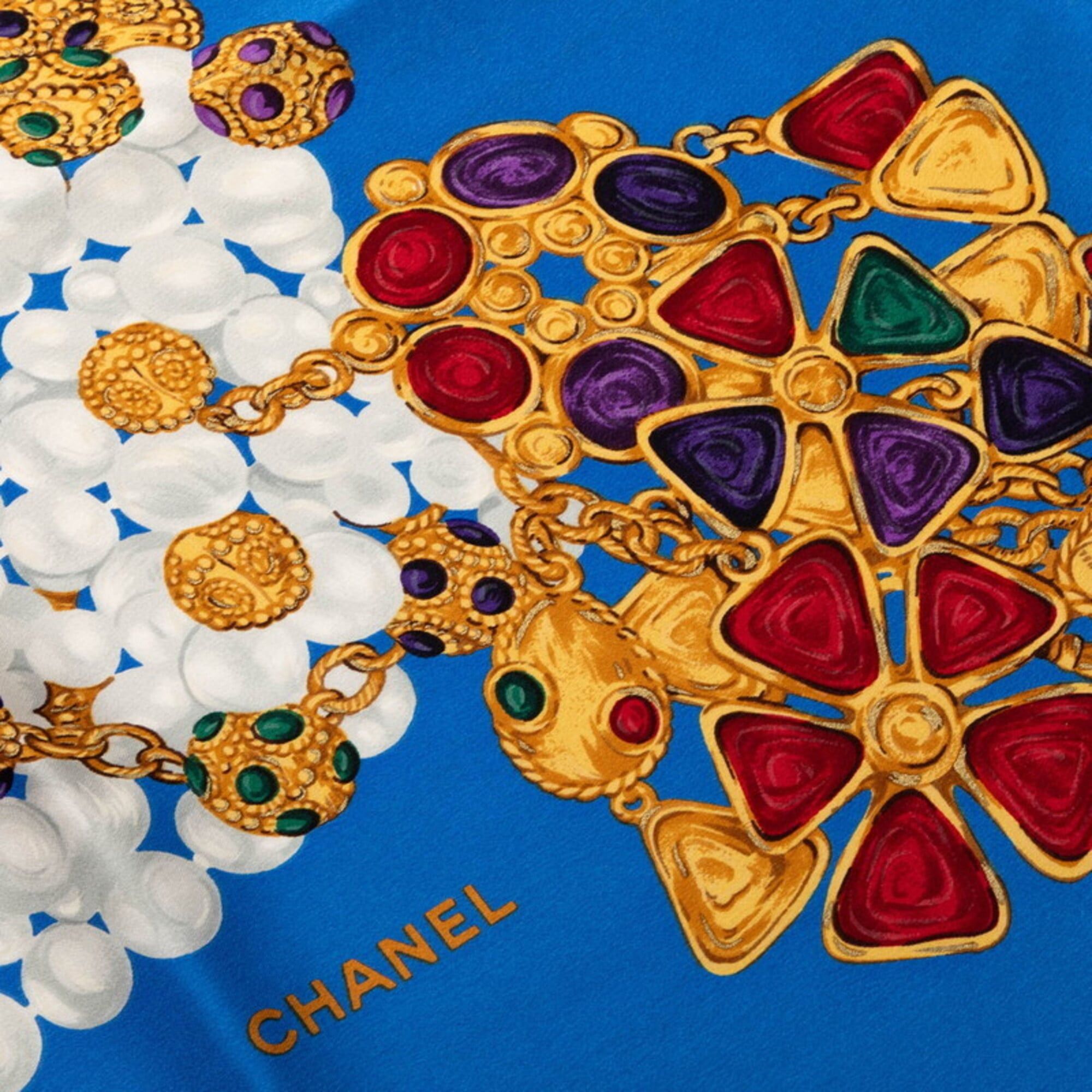 Chanel Chanel Pearl Jewel Motif Scarf Muffler Blue Multicolor Silk Women's CHANEL Size ONE SIZE - 4 Thumbnail