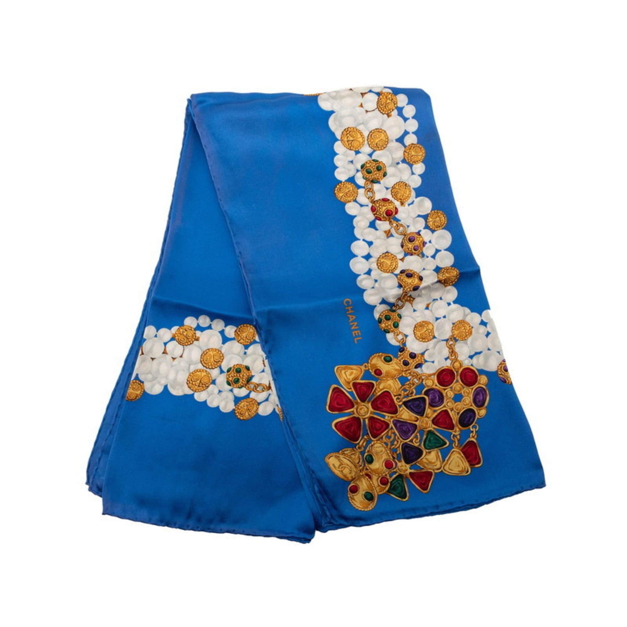 Chanel Chanel Pearl Jewel Motif Scarf Muffler Blue Multicolor Silk Women's CHANEL Size ONE SIZE - 2 Thumbnail