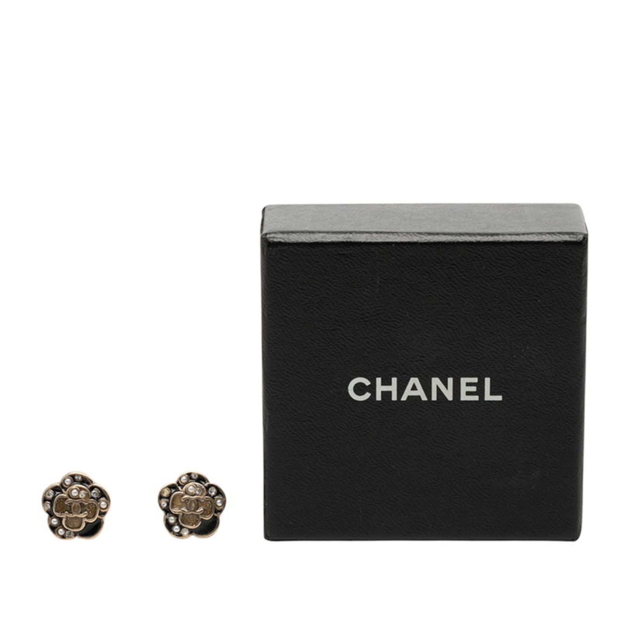 Chanel Chanel Camellia Coco Mark Pearl Earrings Gold Black Plated Rhinestone Women's CHANEL Size ONE SIZE - 4 Thumbnail