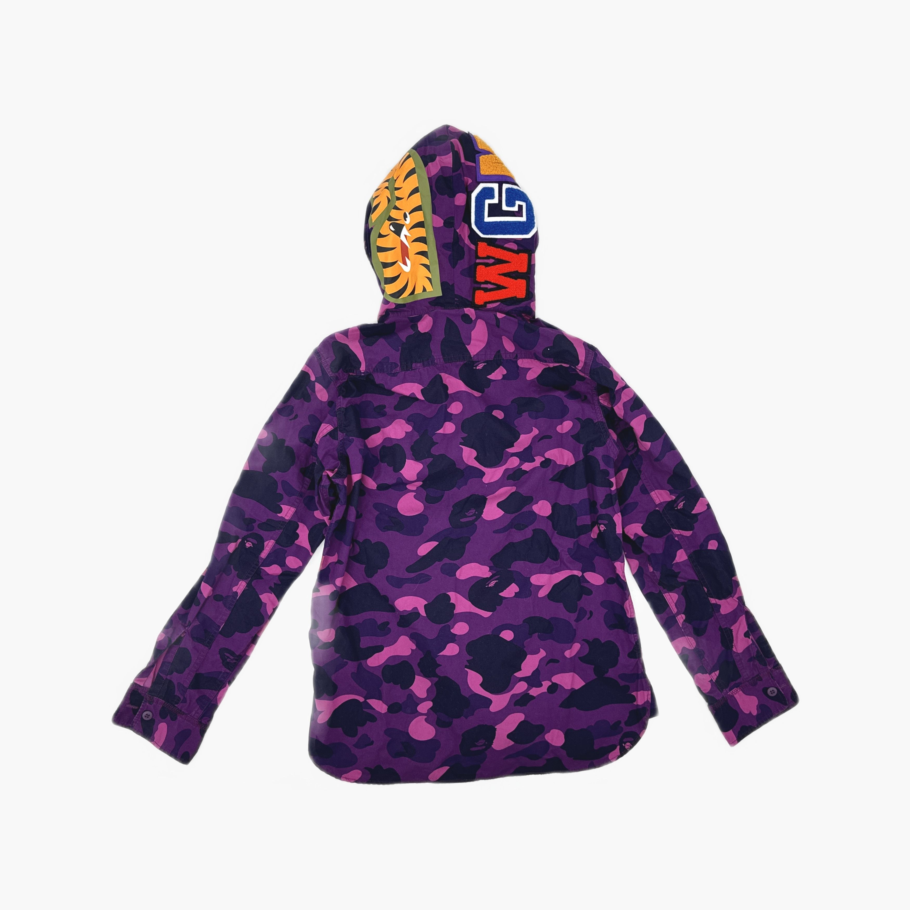 Bape A BATHING APE Purple Camo Shark Hooded Shirt Size M Size US M / EU 48-50 / 2 - 2 Thumbnail