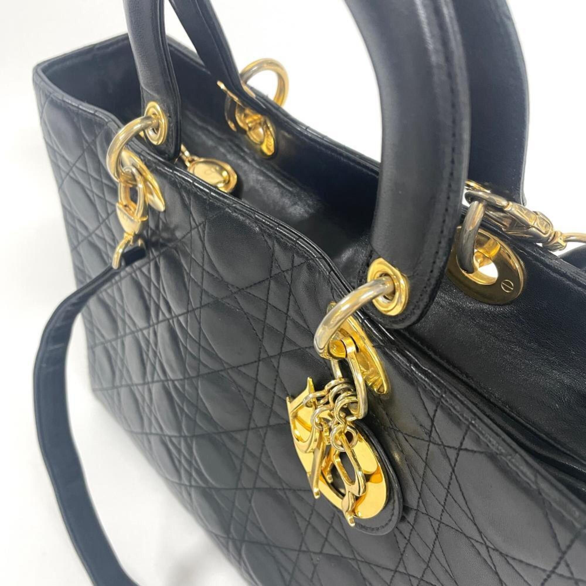Dior Christian Dior Dior Lady Cannage Large Handbag, 2-Way, Lambskin, CAL44560, Black with Gold Hardware Size ONE SIZE - 4 Thumbnail
