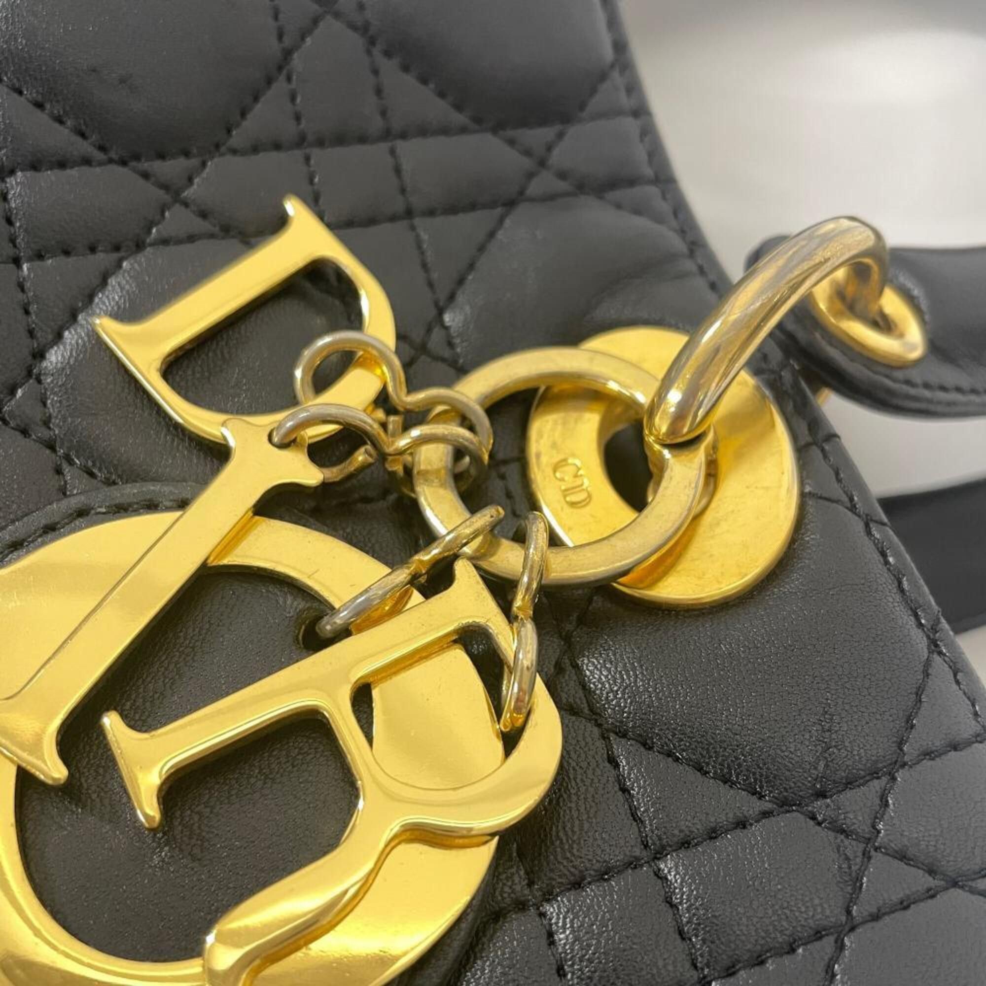 Dior Christian Dior Dior Lady Cannage Large Handbag, 2-Way, Lambskin, CAL44560, Black with Gold Hardware Size ONE SIZE - 5 Thumbnail