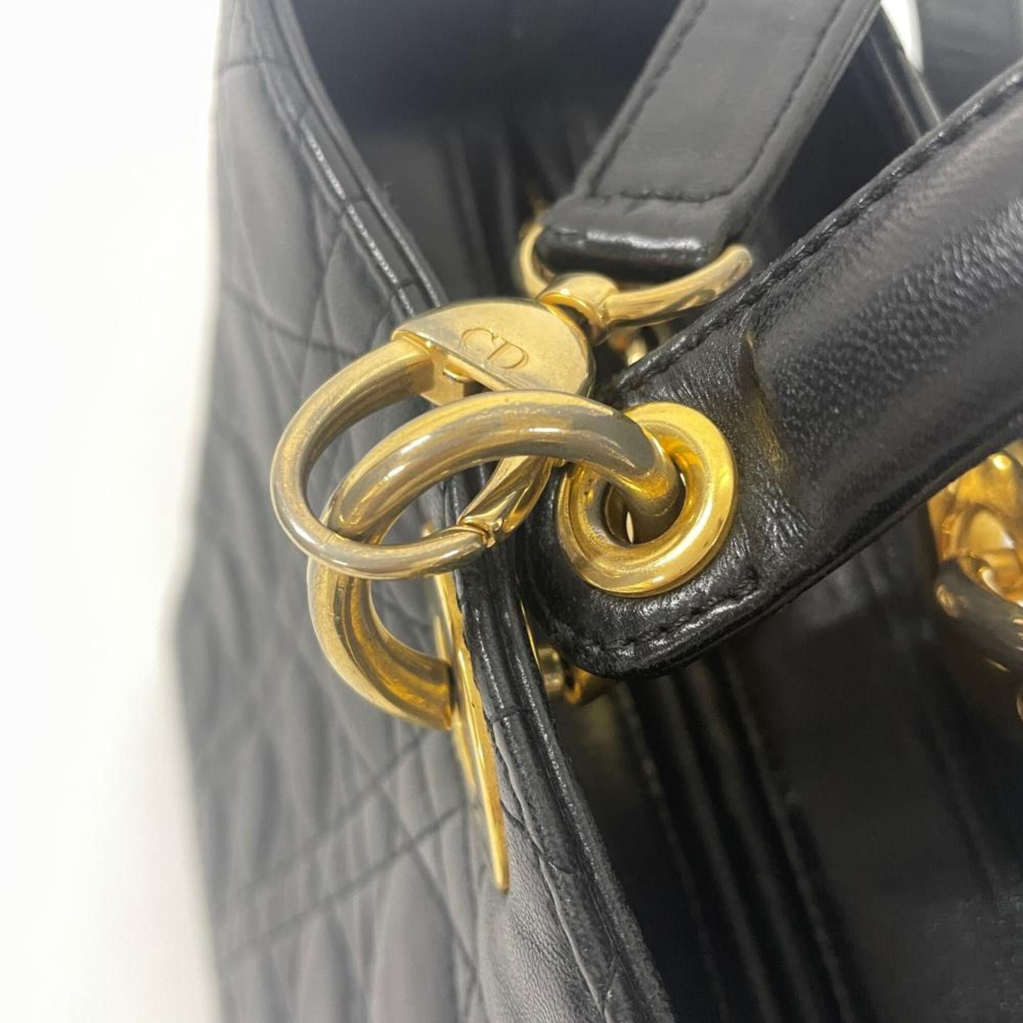 Dior Christian Dior Dior Lady Cannage Large Handbag, 2-Way, Lambskin, CAL44560, Black with Gold Hardware Size ONE SIZE - 6 Thumbnail