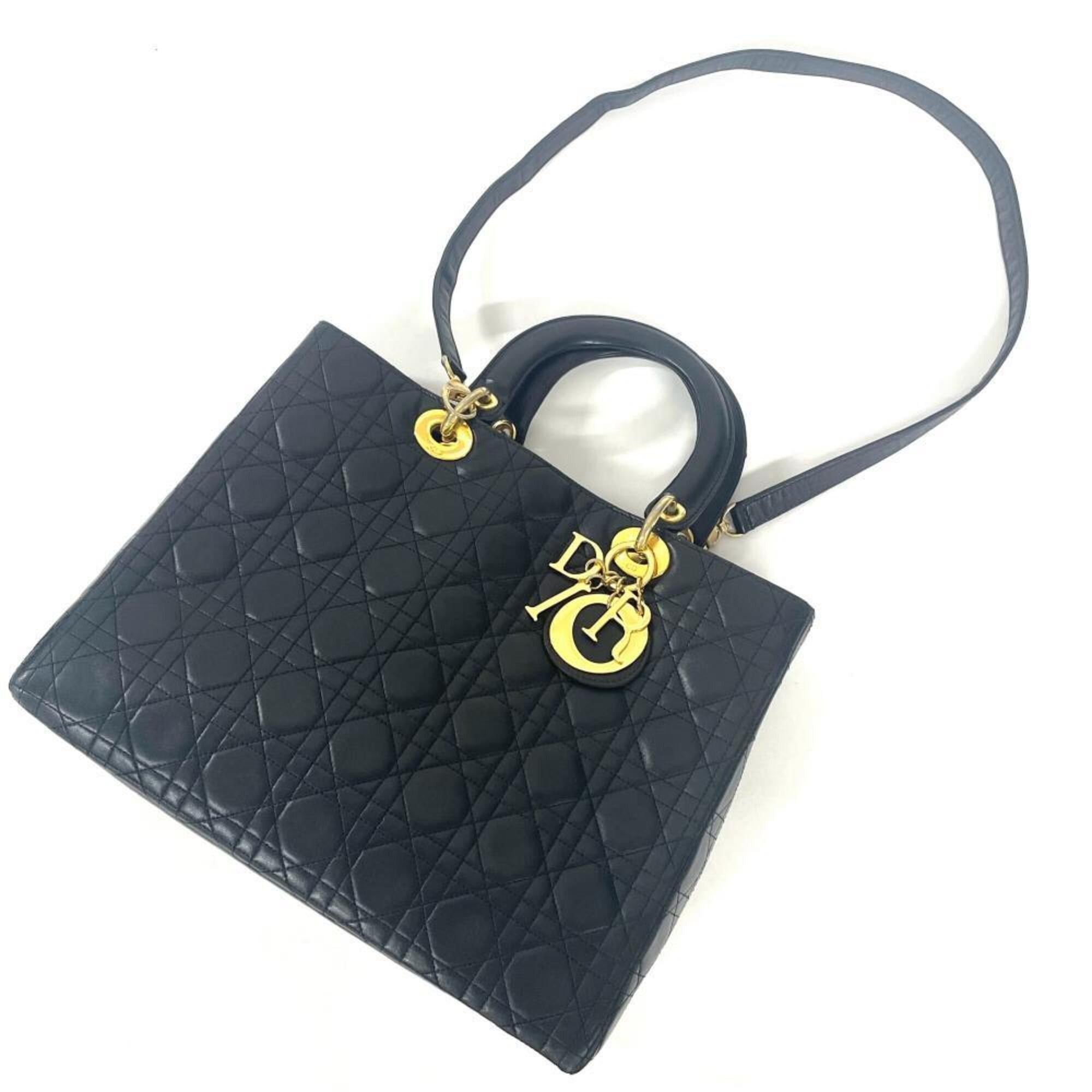 Dior Christian Dior Dior Lady Cannage Large Handbag, 2-Way, Lambskin, CAL44560, Black with Gold Hardware Size ONE SIZE - 7 Thumbnail