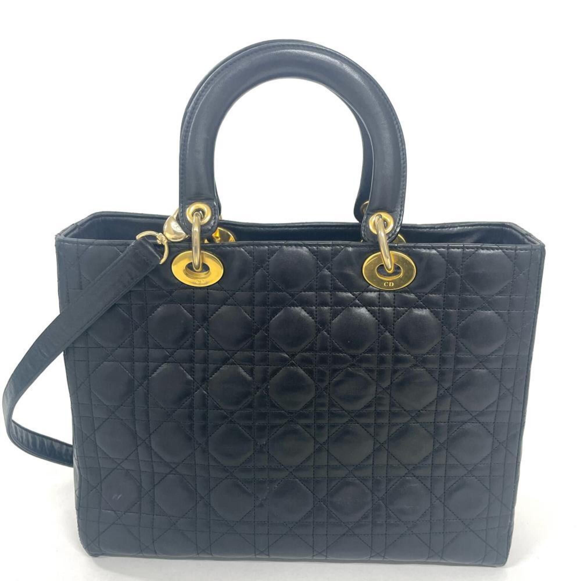 Dior Christian Dior Dior Lady Cannage Large Handbag, 2-Way, Lambskin, CAL44560, Black with Gold Hardware Size ONE SIZE - 3 Thumbnail