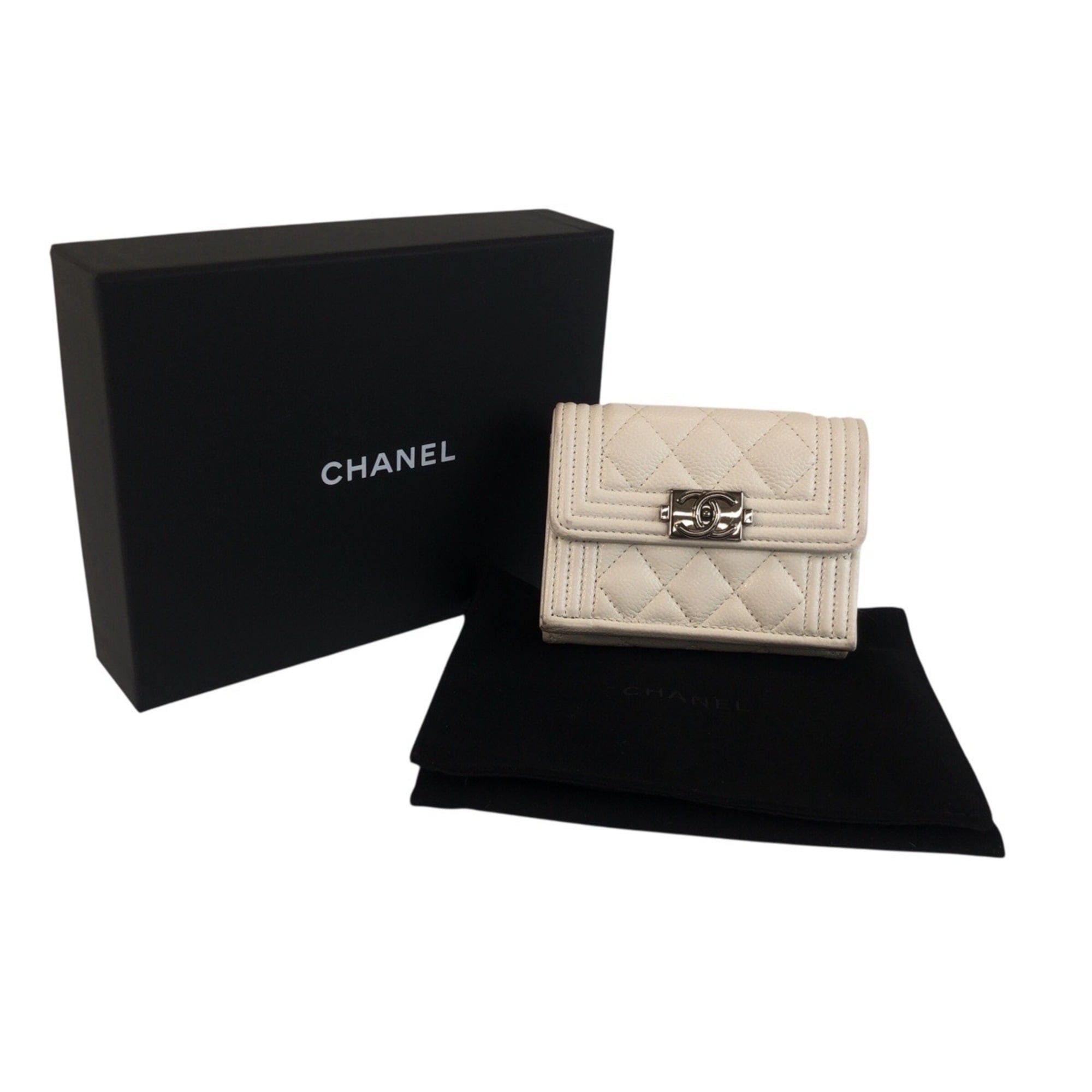 Chanel CHANEL Boy Chanel Coco Mark White Silver Hardware Leather Folding Wallet Compact for Women Size ONE SIZE - 10 Thumbnail