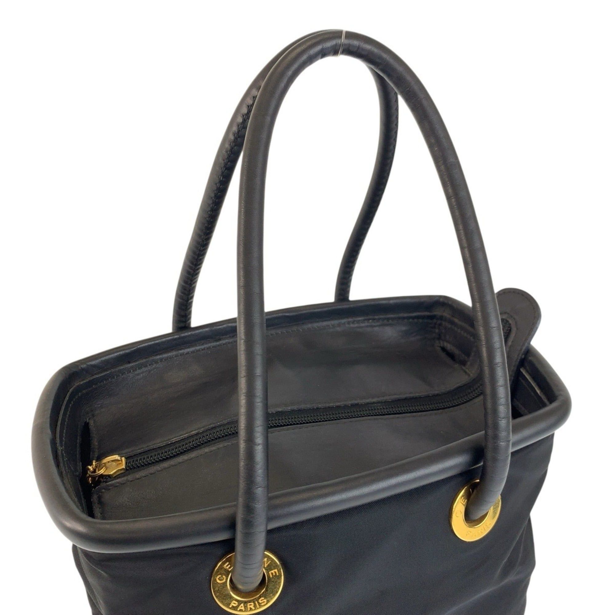Celine CELINE Vintage Circle Logo Black Nylon Leather TO5 1 Handbag Tote Bag for Women Size ONE SIZE - 7 Thumbnail