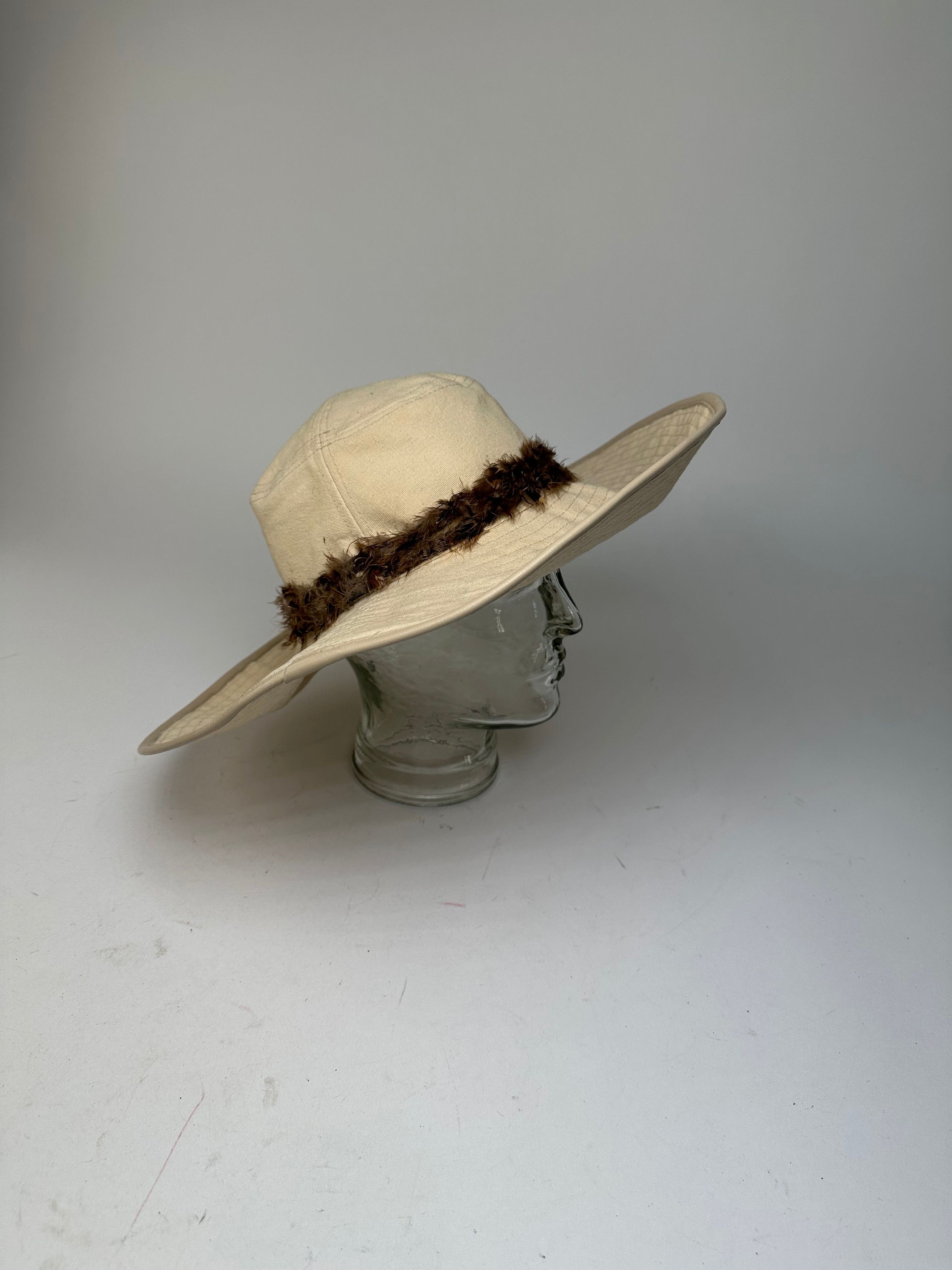 Gucci Vintage Wide Brim Feather Band Hat Beige Brown M Size ONE SIZE - 2 Thumbnail