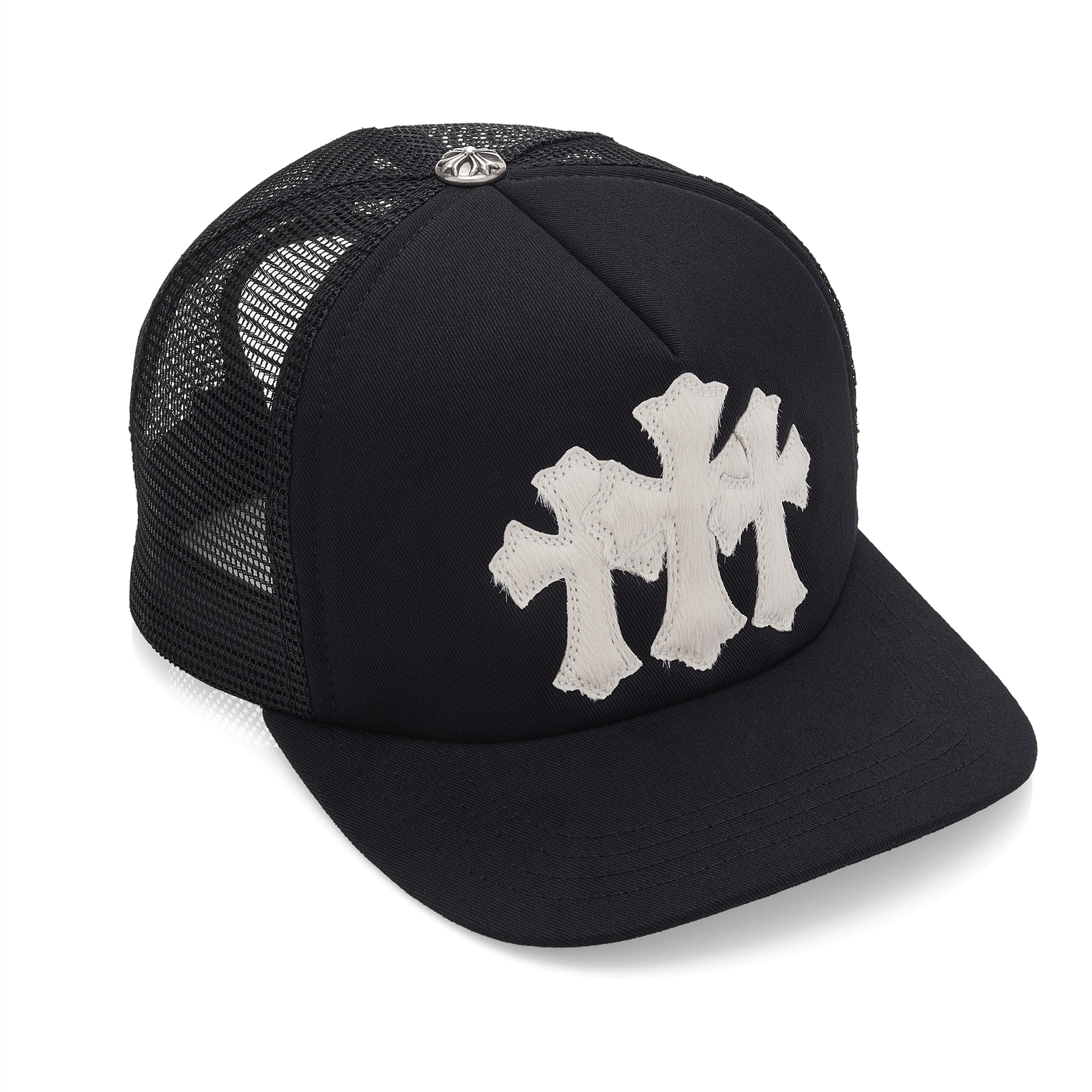 Chrome Hearts Calf Hair Triple Cemetery Cross Trucker Hat Black Size ONE SIZE - 2 Thumbnail