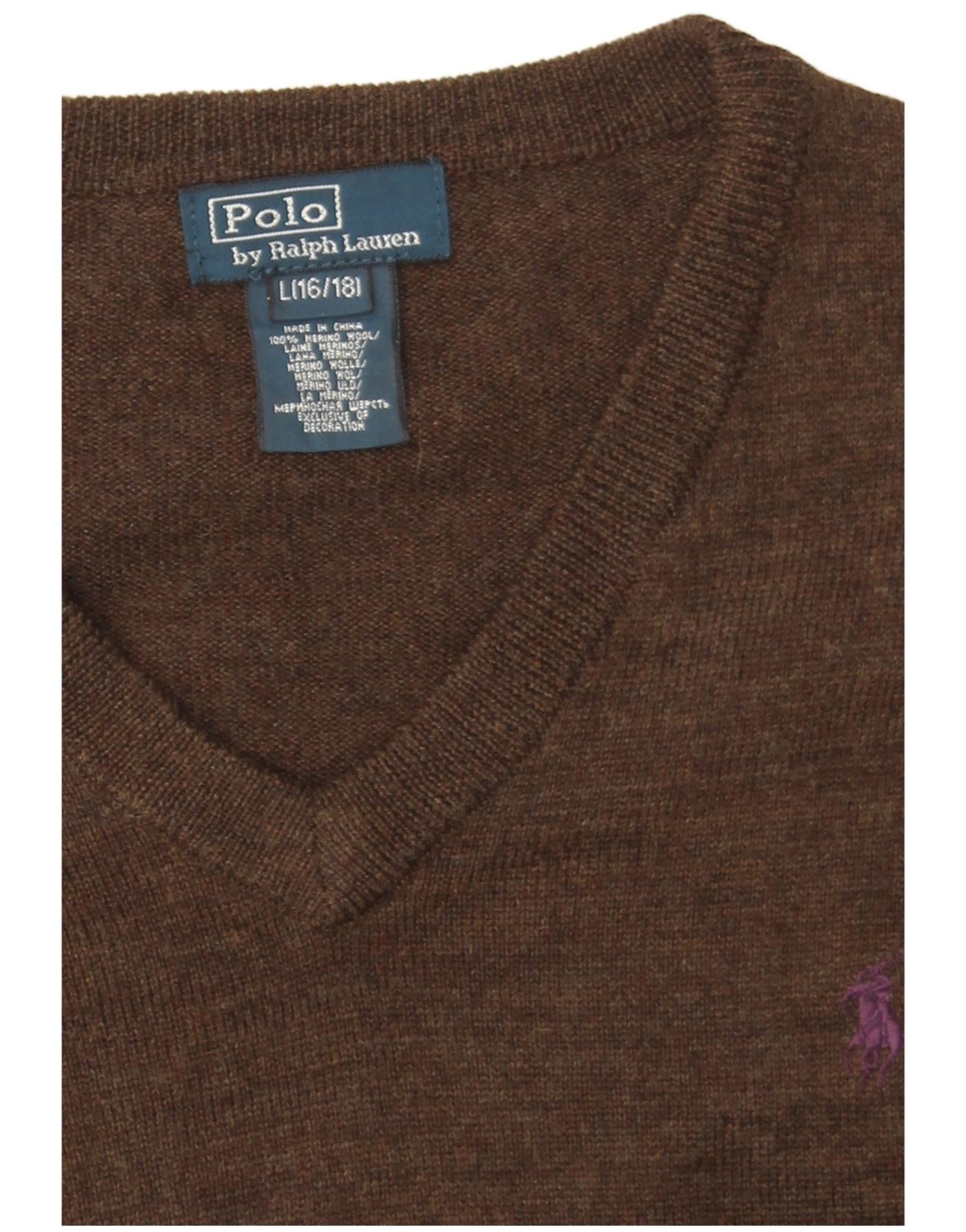 Polo Ralph Lauren Boys V-Neck Jumper Sweater 15-16 Years Large Brown Wool Size XL / US 12-14 / IT 48-50 - 4 Thumbnail