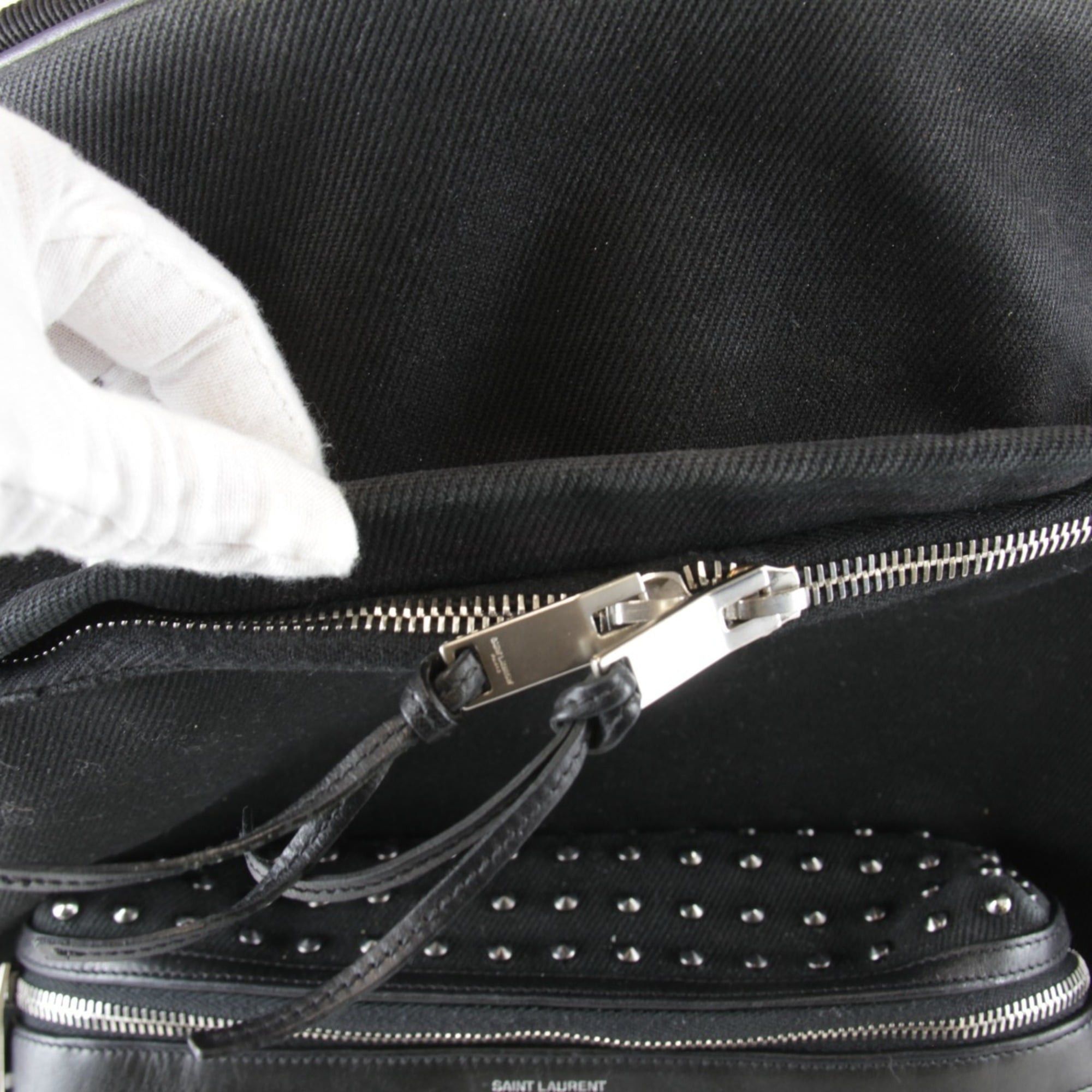 Yves Saint Laurent YVES SAINT LAURENT Studded Backpack, Cotton Canvas, Black, Women's Size ONE SIZE - 9 Thumbnail