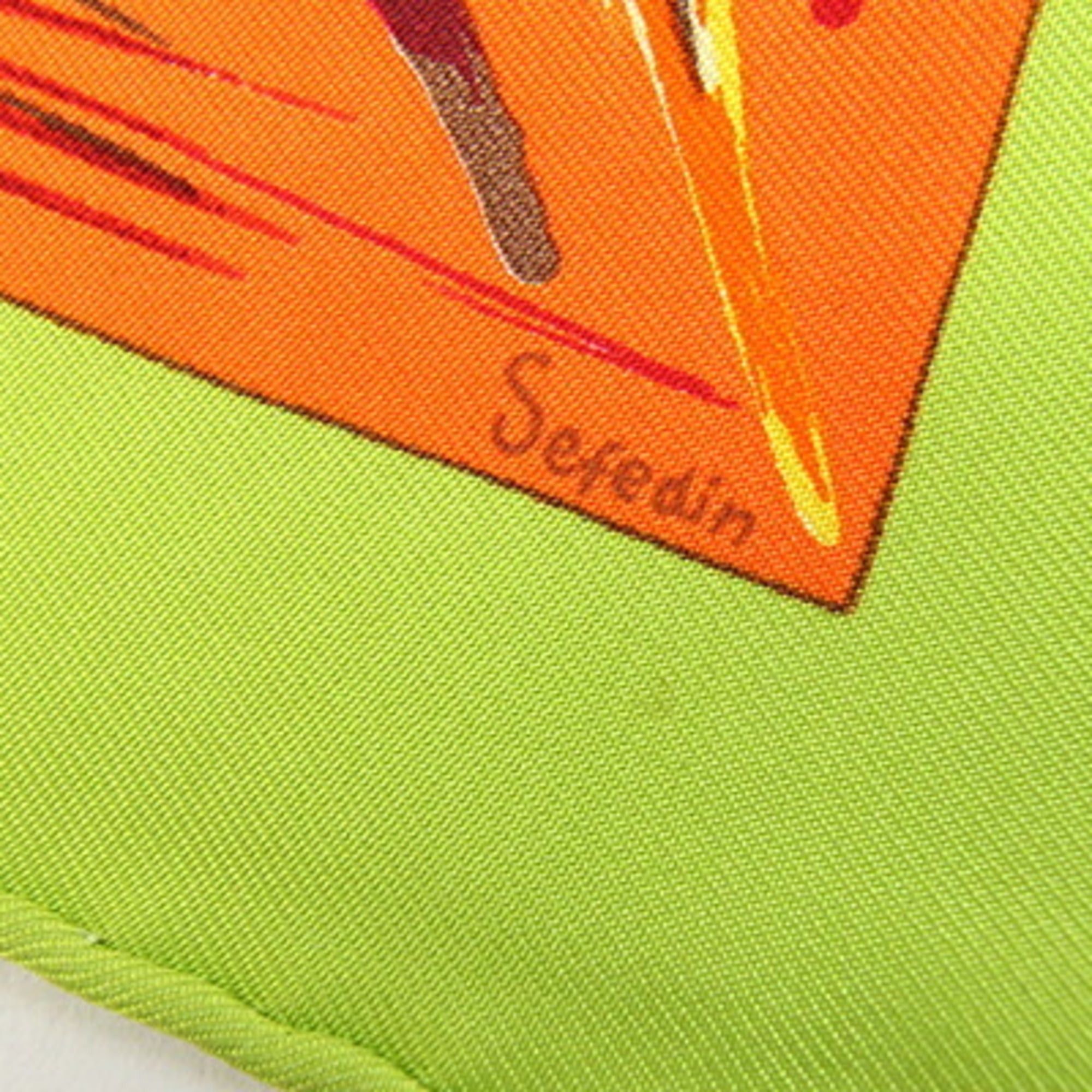 Hermes Hermes Scarf/Muffler, Carre 42, La Tour Eiffel S'envole (Eiffel Tower), Light Green/Orange, 100% Silk, Petit Carre/Mini Stole, Women's, HERMES Size ONE SIZE - 5 Thumbnail