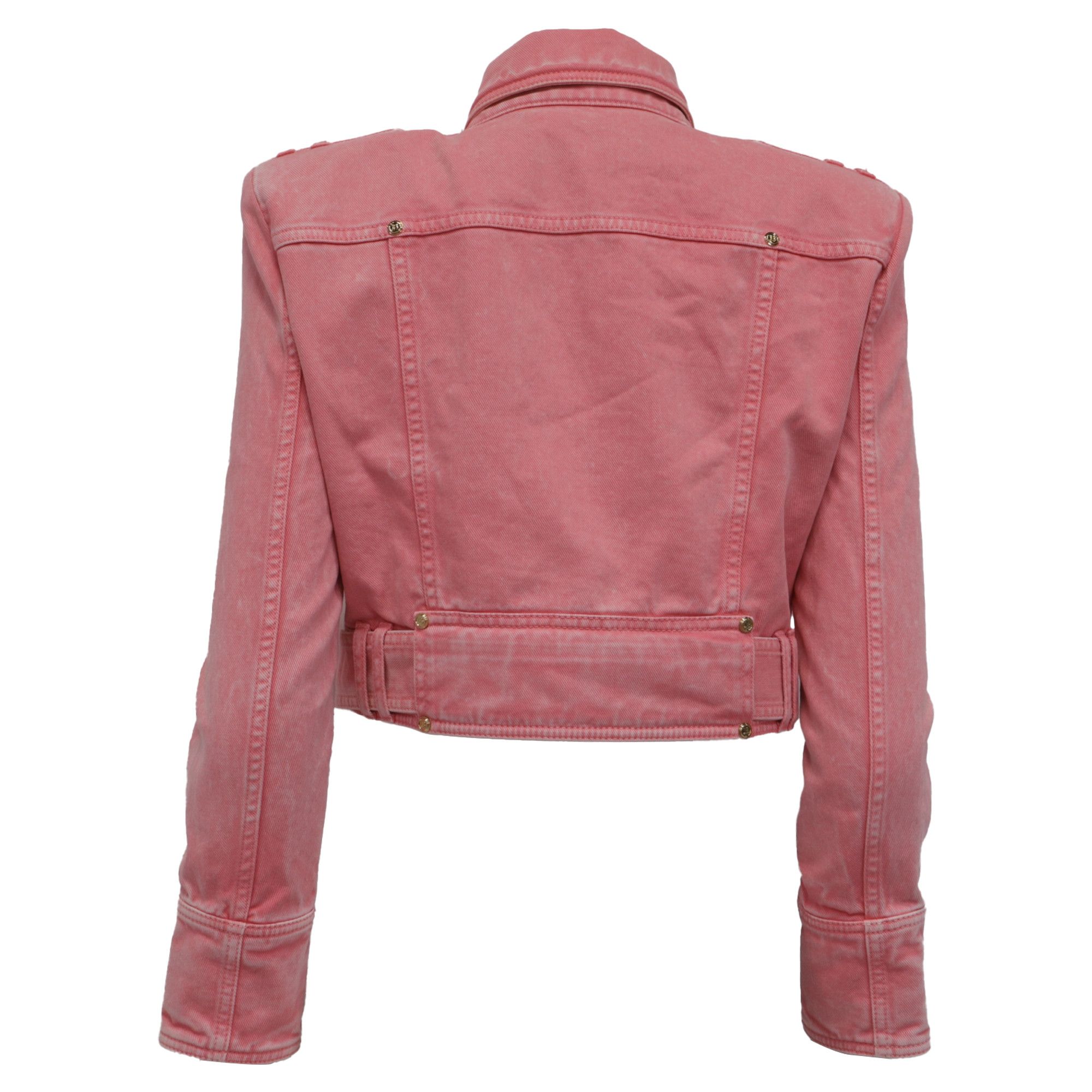 Balmain Balmain Belted Cropped Denim Jacket in Pink Cotton Size XXS / US 00 / IT 34 - 4 Thumbnail