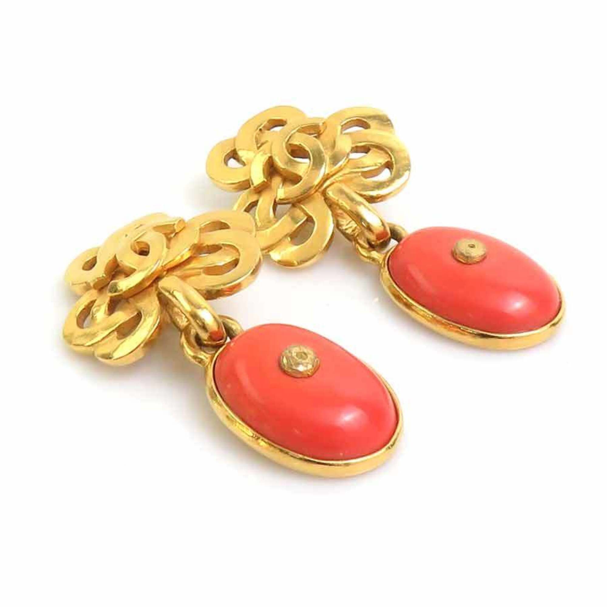 Chanel Chanel earrings, Coco Mark design, metal, stone, gold, orange, women's, e61854a Size ONE SIZE - 4 Thumbnail