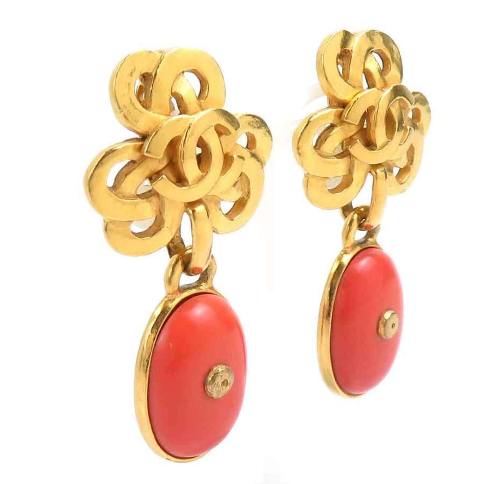 Chanel Chanel earrings, Coco Mark design, metal, stone, gold, orange, women's, e61854a Size ONE SIZE - 2 Thumbnail