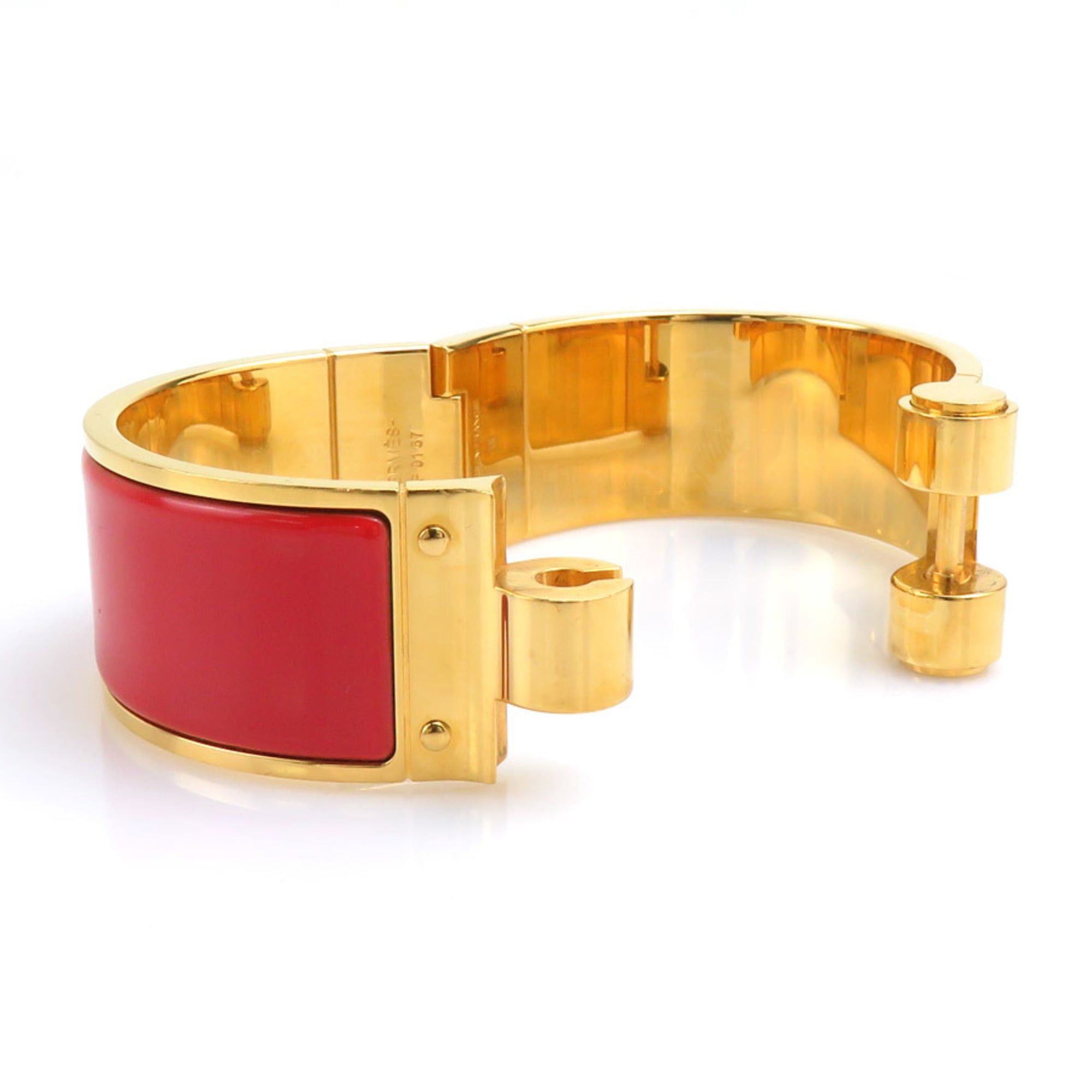 Hermes Hermes Charnière Bangle Bracelet, Metal Enamel, Gold Red, Women's, e61876a Size ONE SIZE - 5 Thumbnail