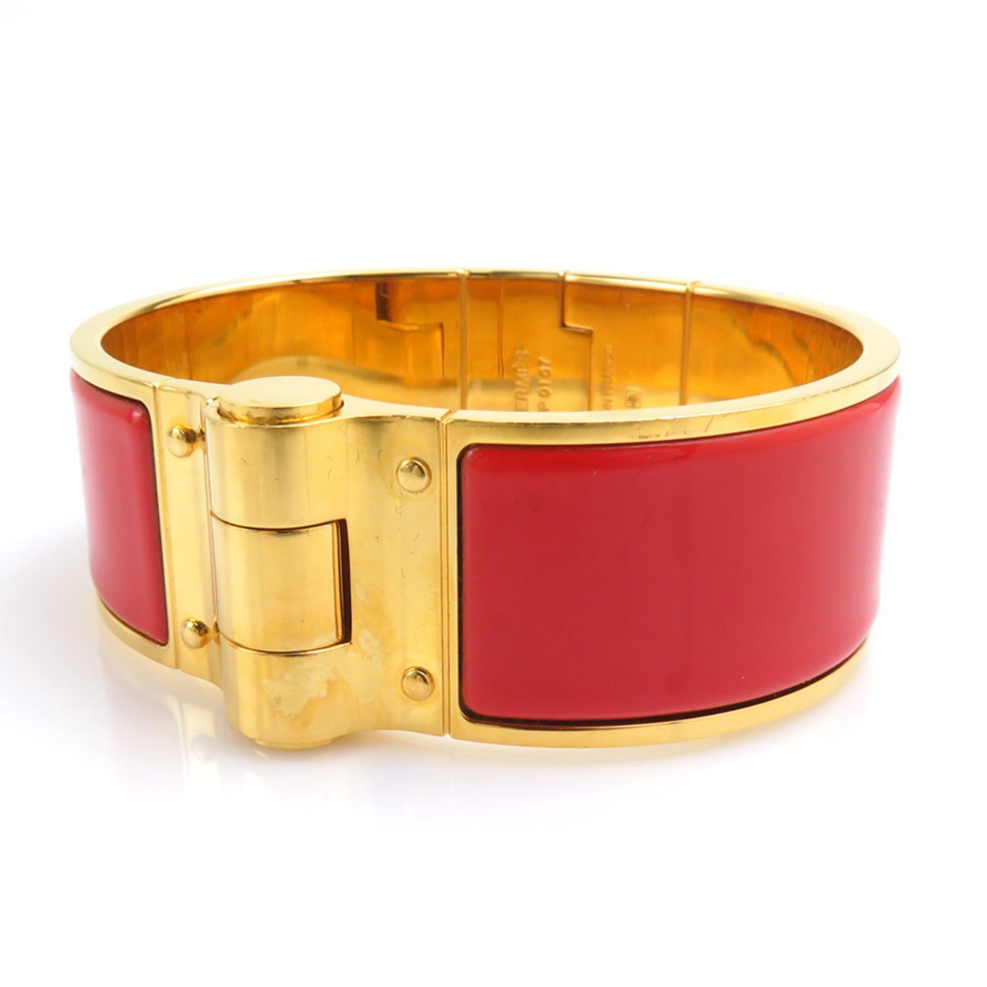 Hermes Hermes Charnière Bangle Bracelet, Metal Enamel, Gold Red, Women's, e61876a Size ONE SIZE - 4 Thumbnail
