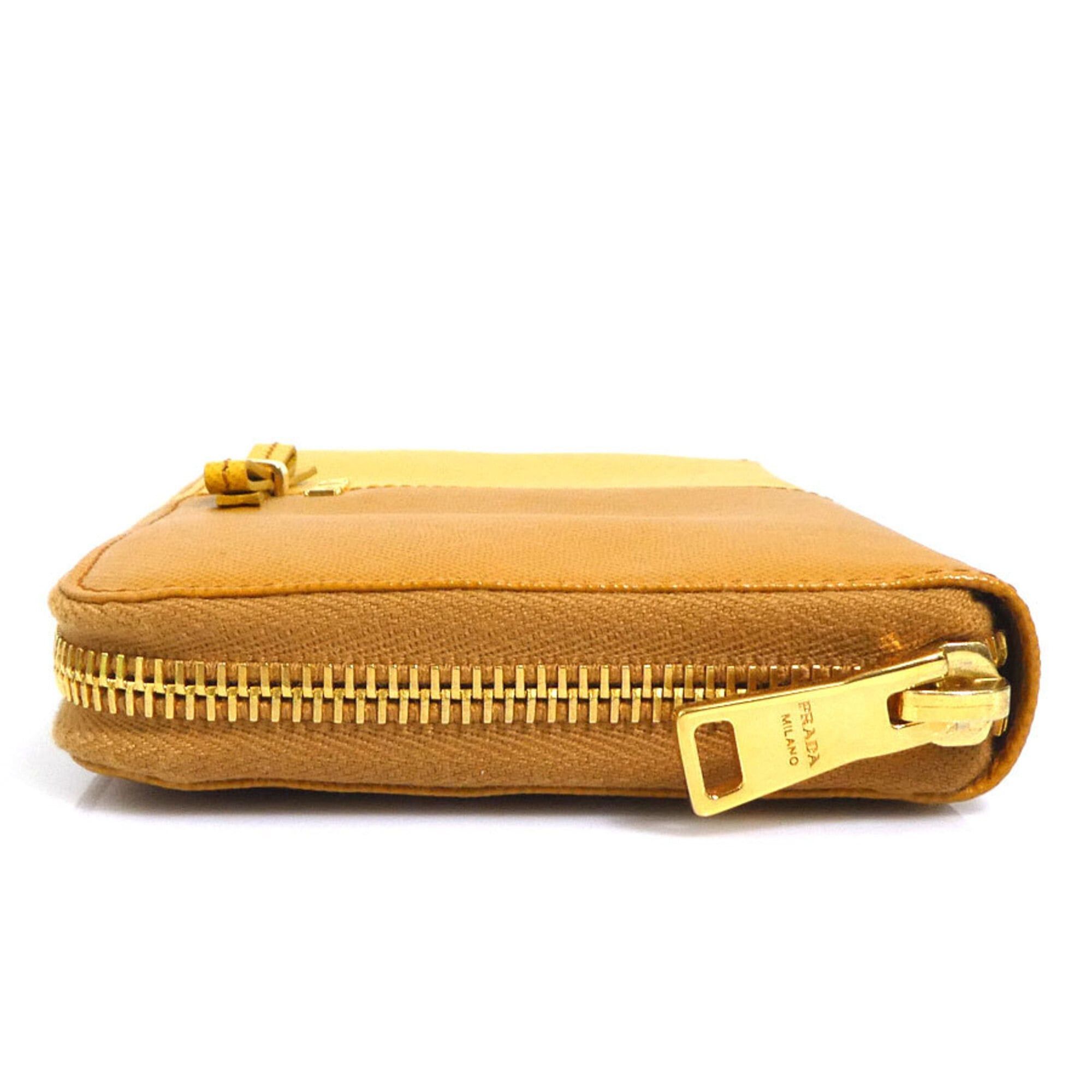 Prada Prada Round Zip Long Wallet Leather Brown Yellow Gold Women's e61845a Size ONE SIZE - 3 Thumbnail