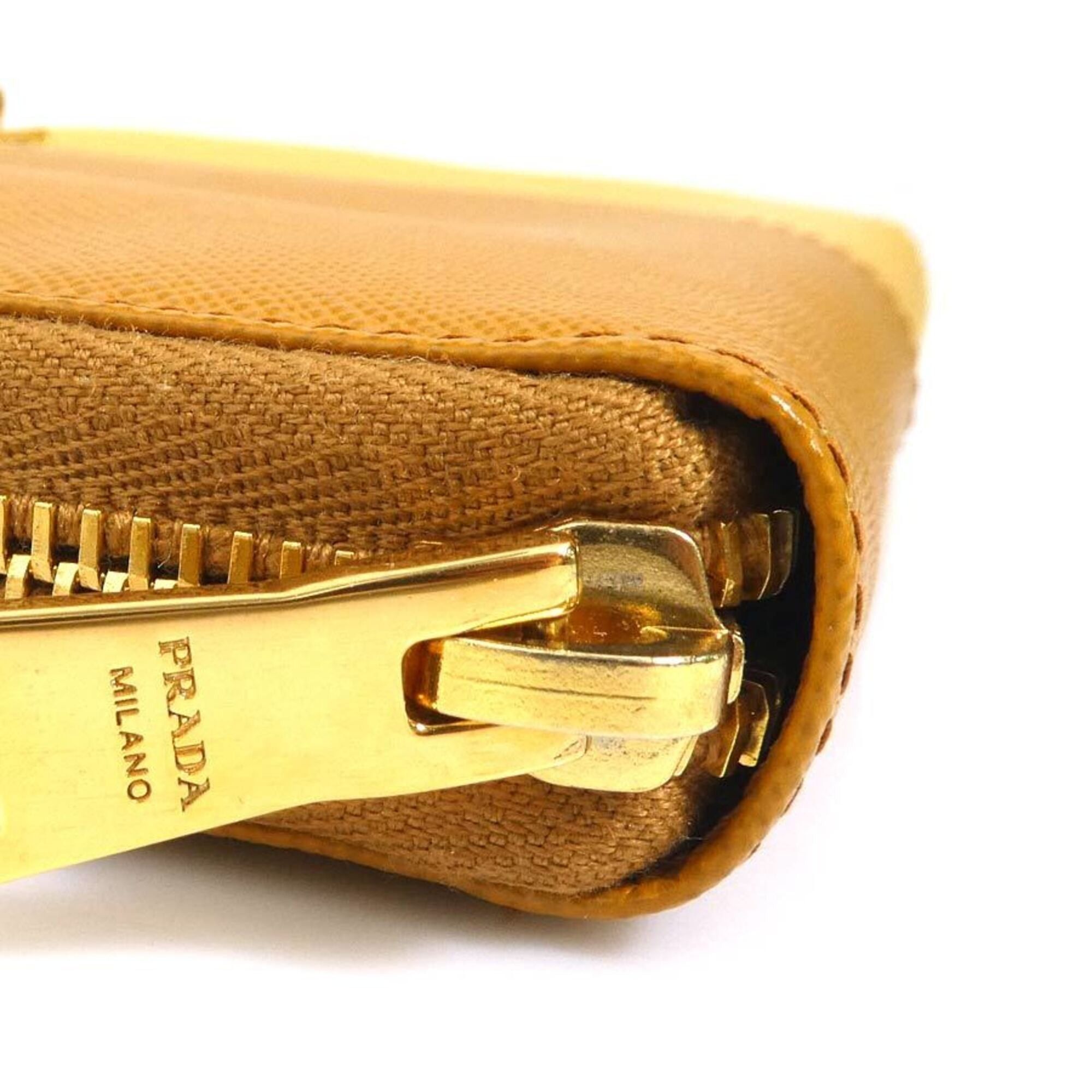 Prada Prada Round Zip Long Wallet Leather Brown Yellow Gold Women's e61845a Size ONE SIZE - 8 Thumbnail