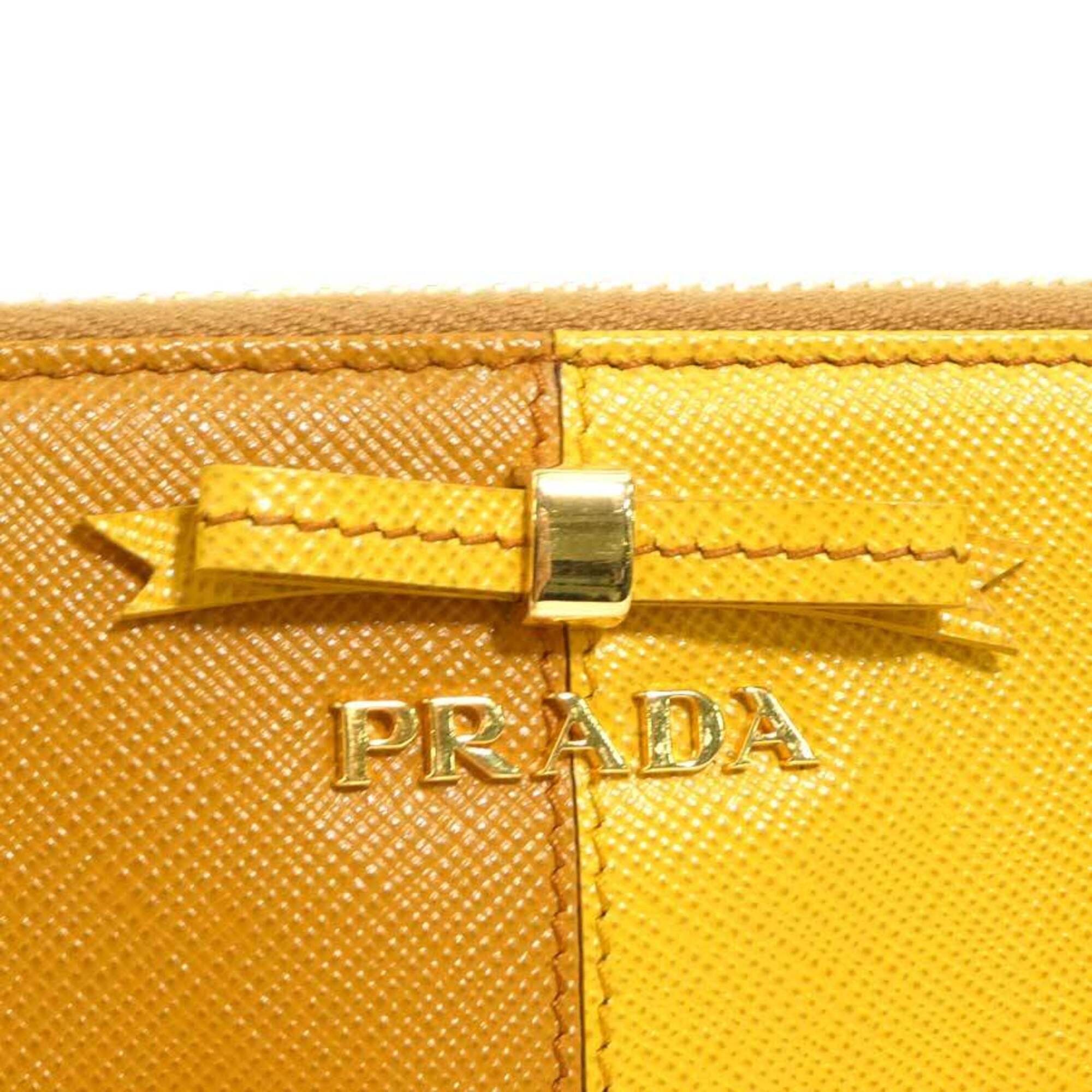 Prada Prada Round Zip Long Wallet Leather Brown Yellow Gold Women's e61845a Size ONE SIZE - 9 Thumbnail