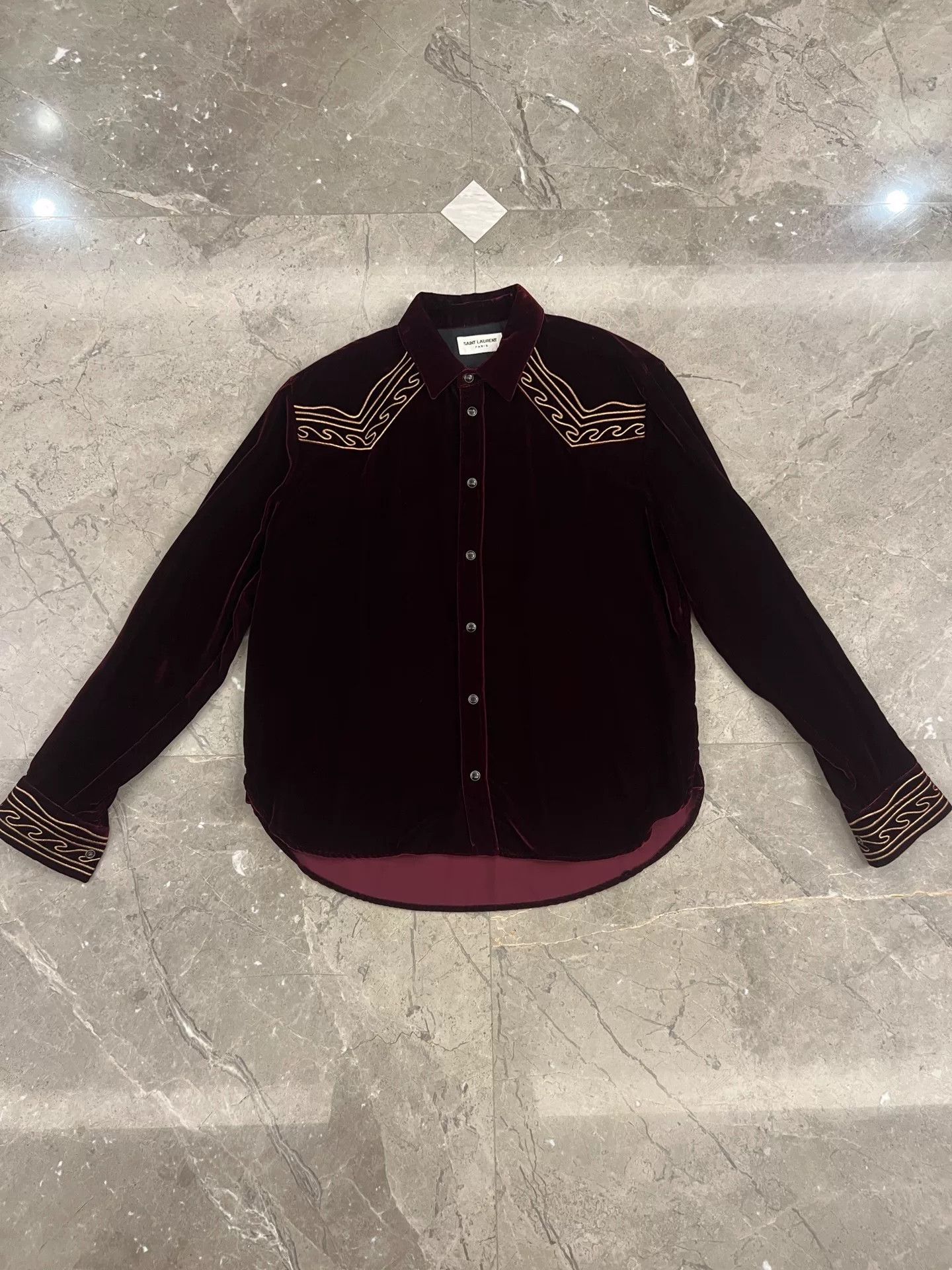 Saint Laurent Paris Saint Laurent Embroidered Velvet Shirt Size XL Size US XL / EU 56 / 4 - 2 Thumbnail