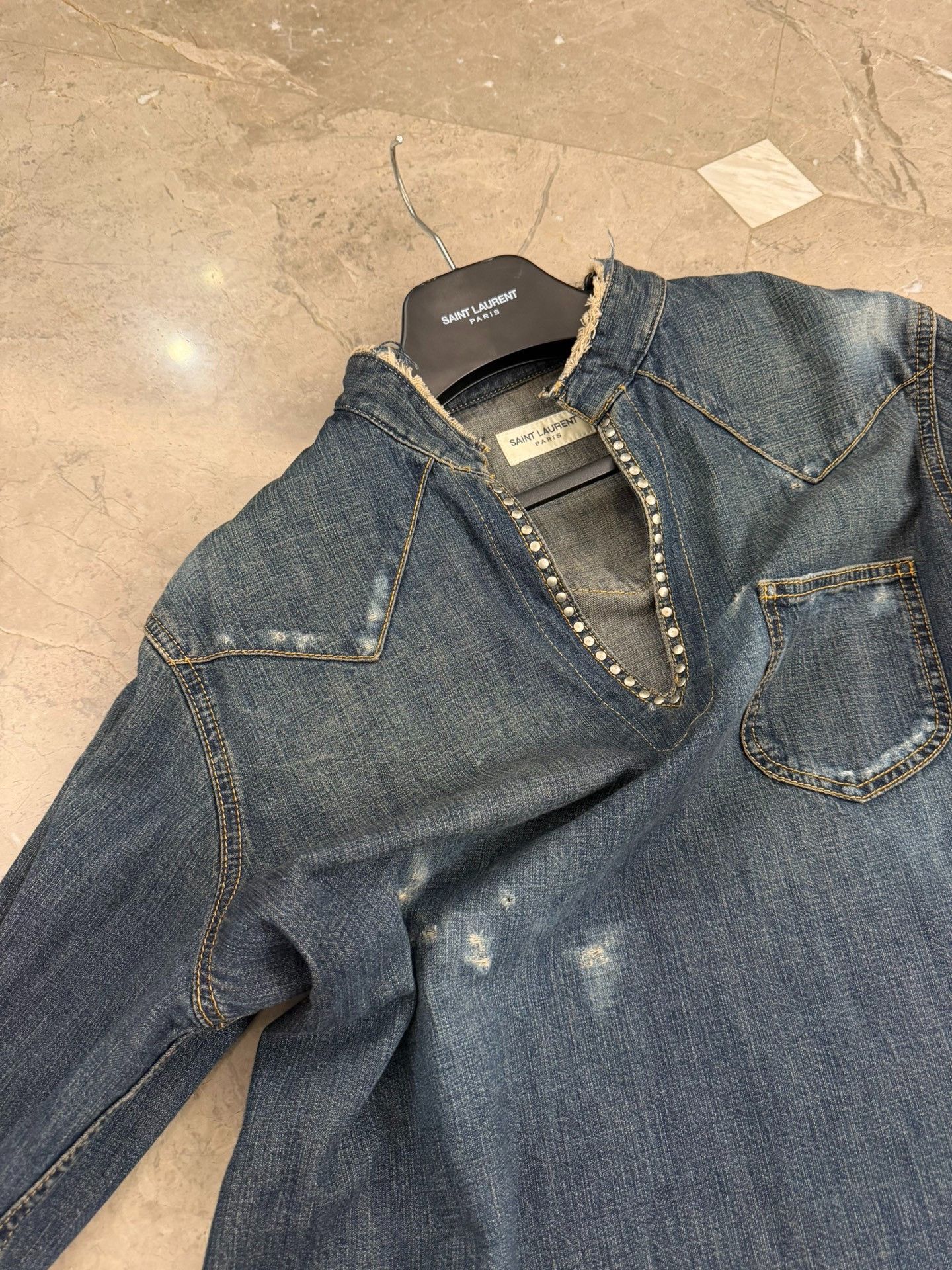 Saint Laurent Paris Saint Laurent Studded Distressed Denim Shirt XL Size US XL / EU 56 / 4 - 9 Thumbnail