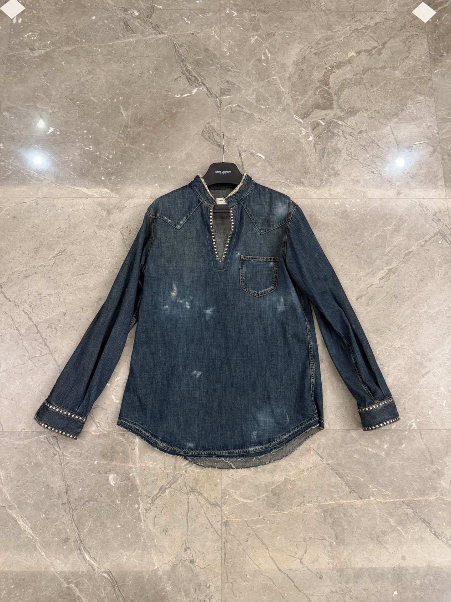 Saint Laurent Paris Saint Laurent Studded Distressed Denim Shirt XL Size US XL / EU 56 / 4 - 2 Thumbnail