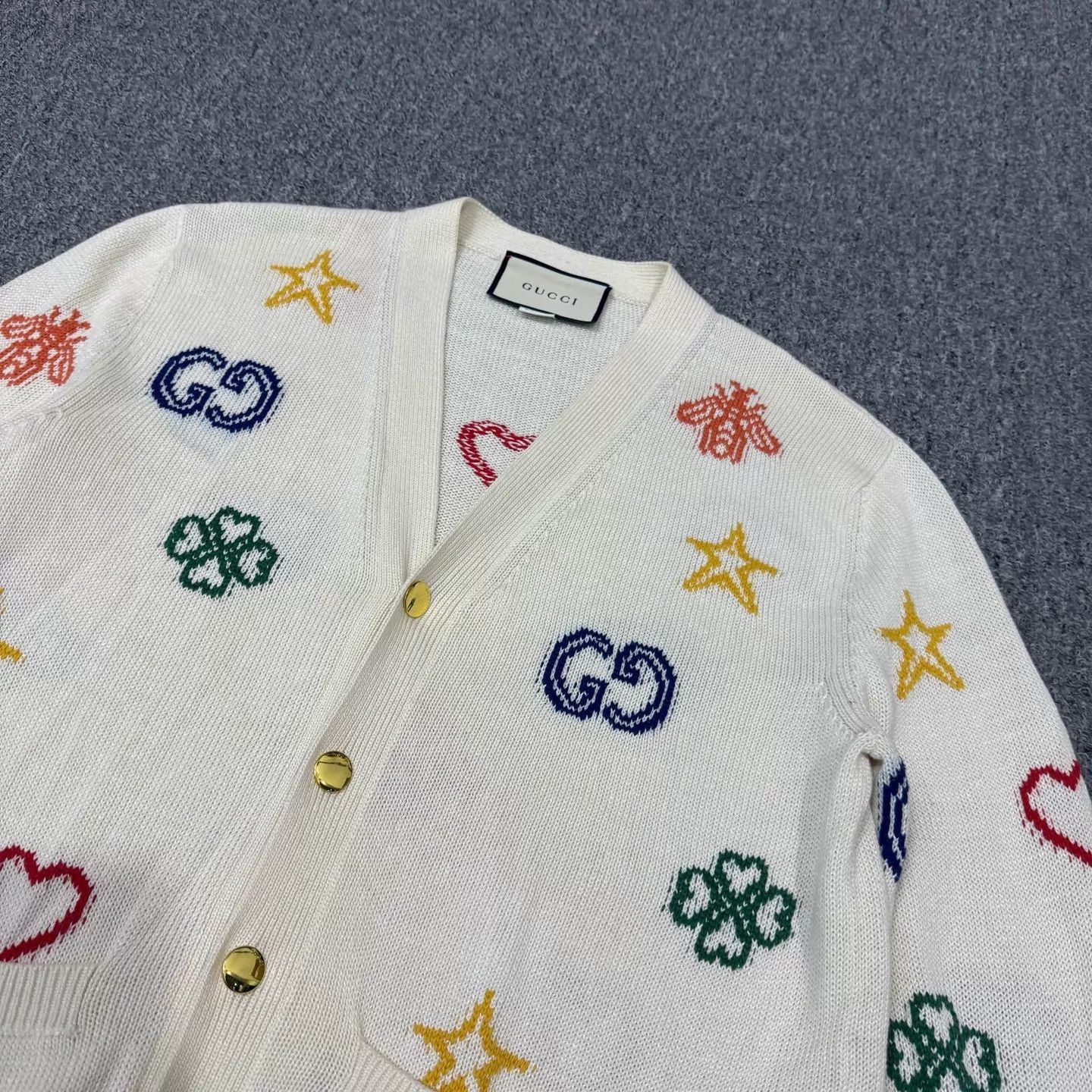 Gucci White Knit Cardigan with Star, Heart & Bee Patterns - S Size US S / EU 44-46 / 1 - 3 Thumbnail