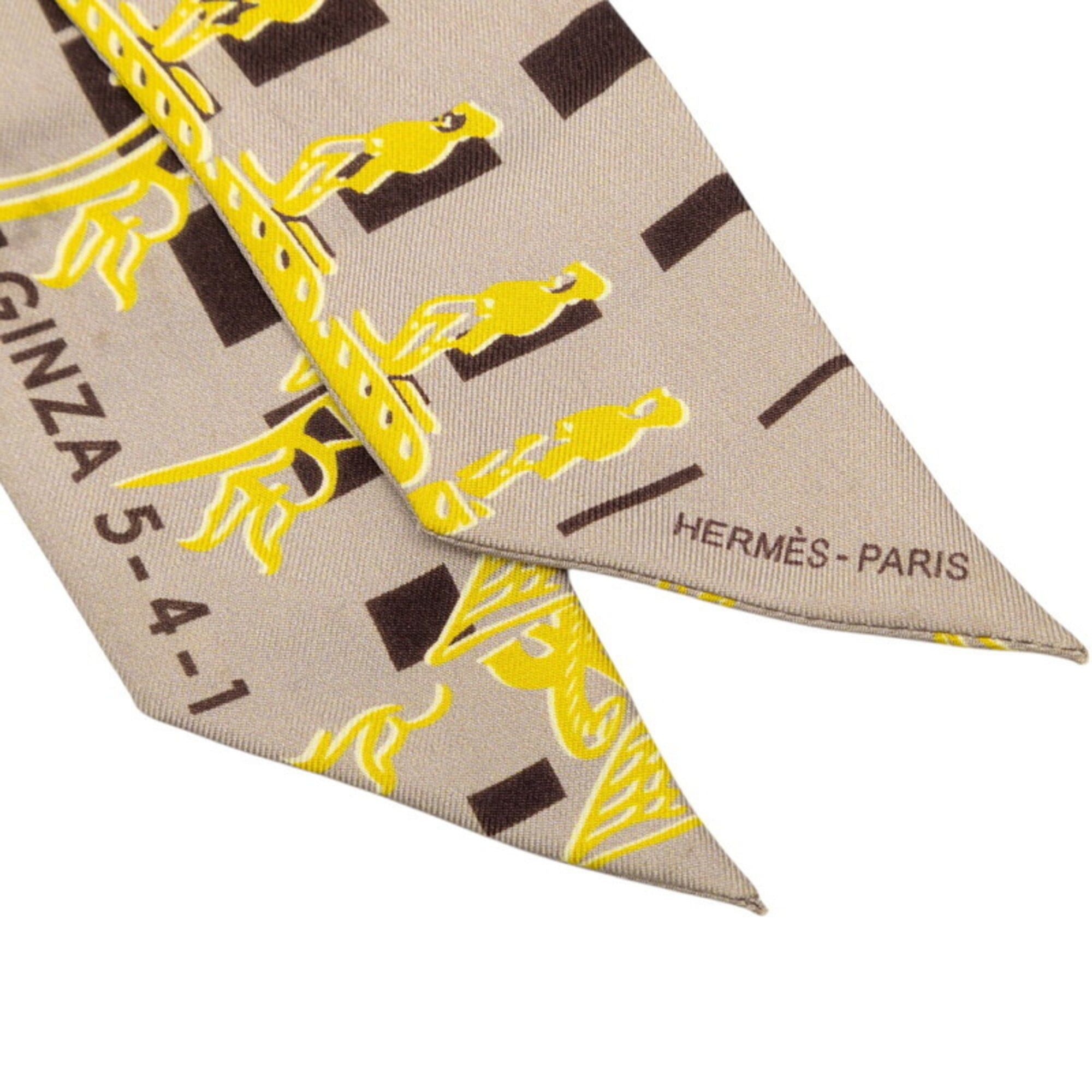 Hermes Hermes Twilly Faubourg 24 (24 FAUBOURG SECONDE) Ginza Store 10th Anniversary Scarf/Muffler, Yellow Silk, Women's HERMES Size ONE SIZE - 4 Thumbnail