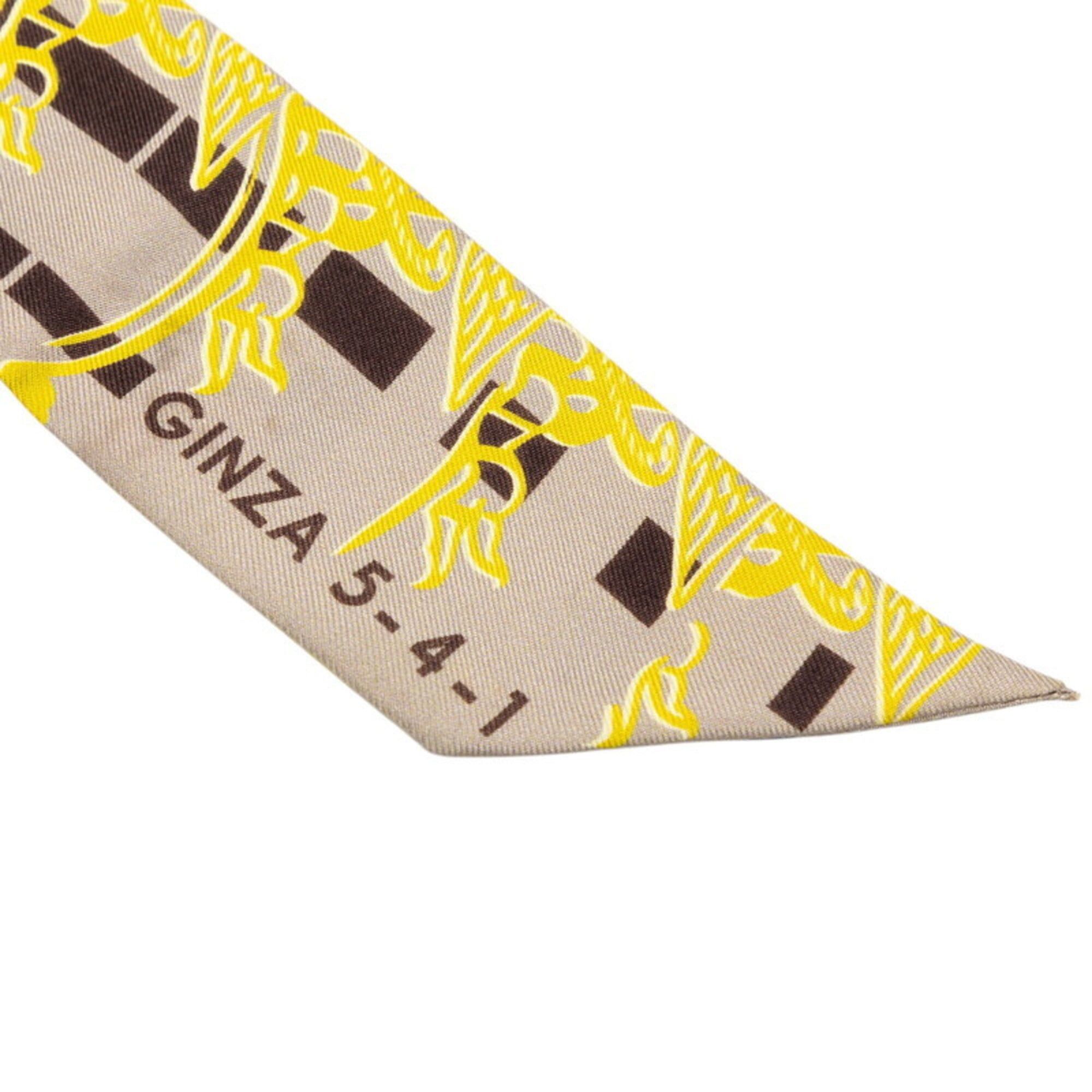 Hermes Hermes Twilly Faubourg 24 (24 FAUBOURG SECONDE) Ginza Store 10th Anniversary Scarf/Muffler, Yellow Silk, Women's HERMES Size ONE SIZE - 3 Thumbnail