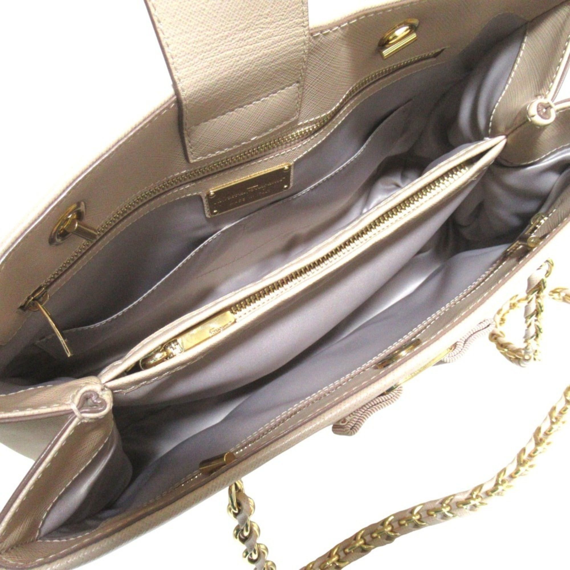Salvatore Ferragamo Salvatore Ferragamo Vara Ribbon Chain Tote Bag Shoulder Beige x Gold Hardware Women's Size ONE SIZE - 5 Thumbnail