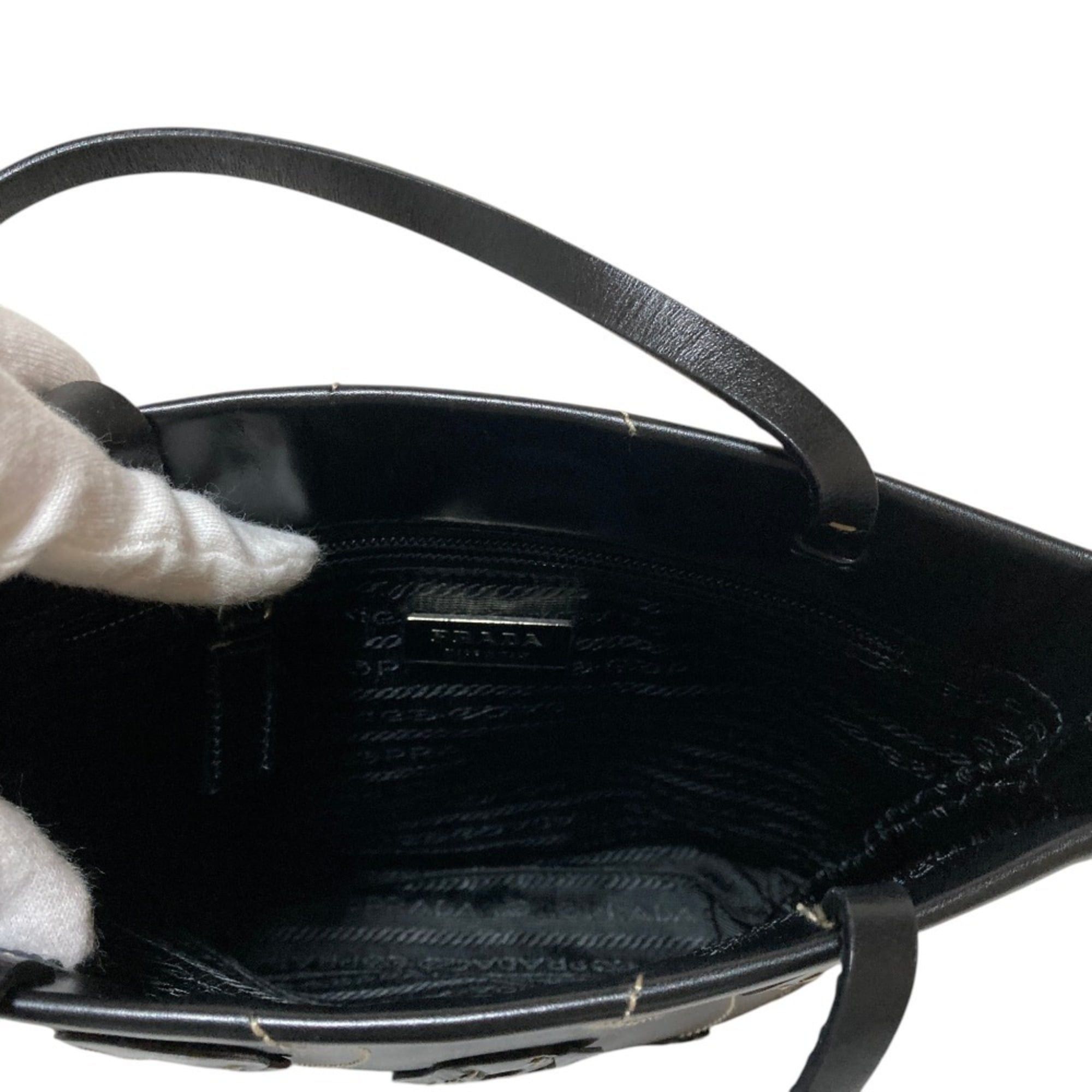 Prada PRADA Triangle Logo Plate Flower Motif Leather Handbag B11285 Black Women's Size ONE SIZE - 8 Thumbnail