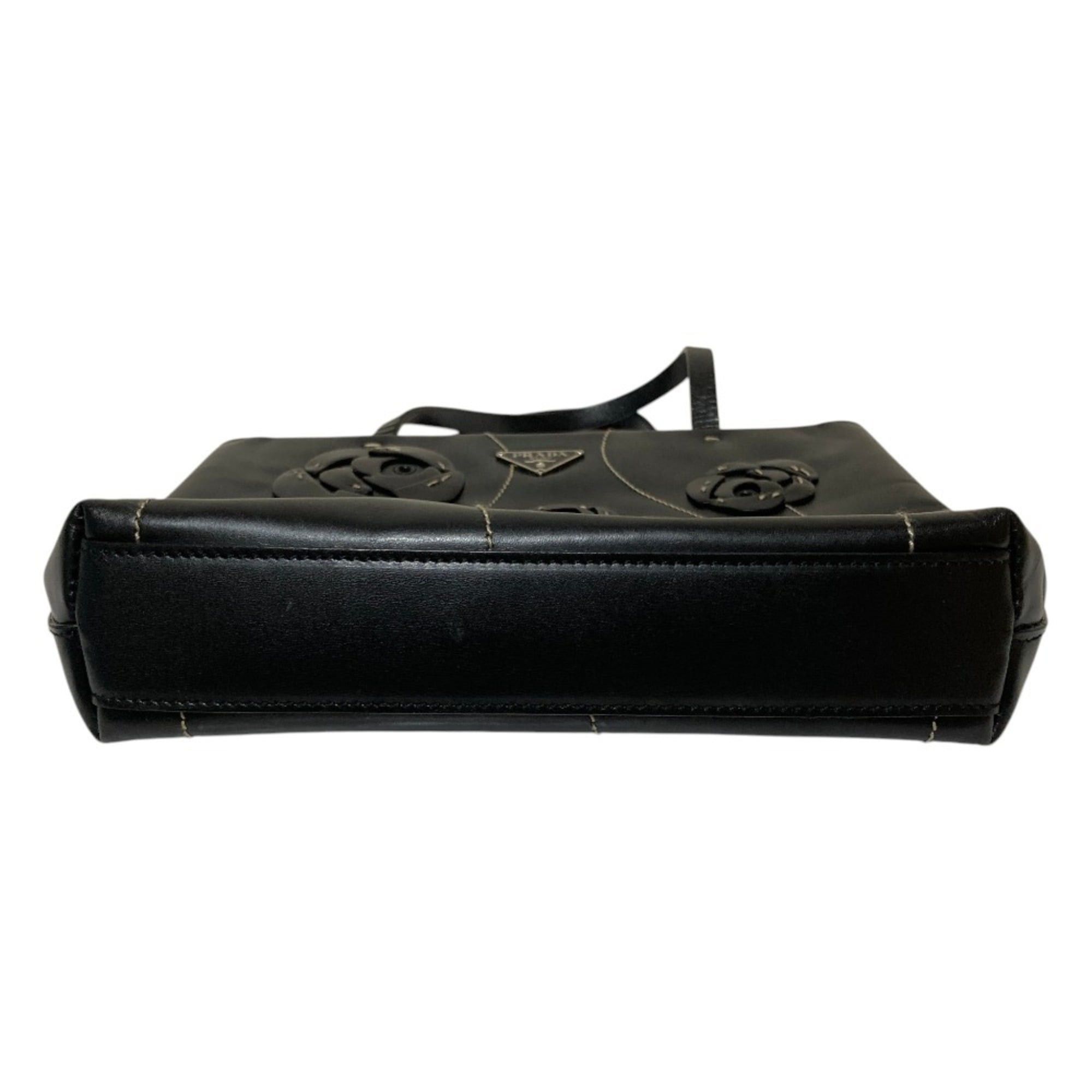 Prada PRADA Triangle Logo Plate Flower Motif Leather Handbag B11285 Black Women's Size ONE SIZE - 4 Thumbnail