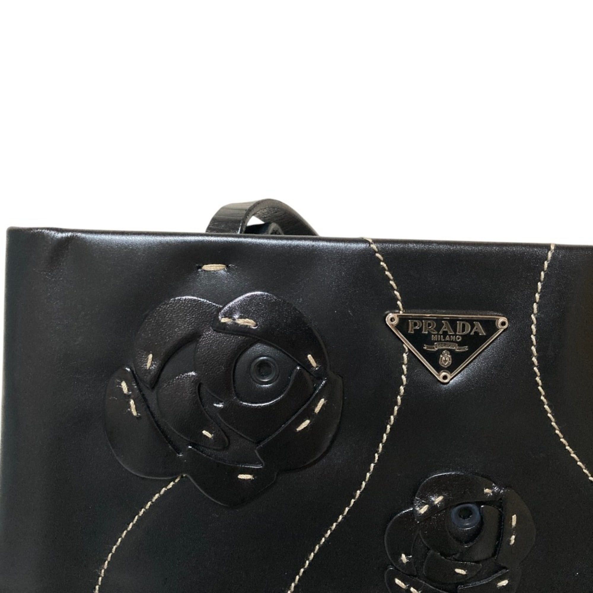 Prada PRADA Triangle Logo Plate Flower Motif Leather Handbag B11285 Black Women's Size ONE SIZE - 6 Thumbnail